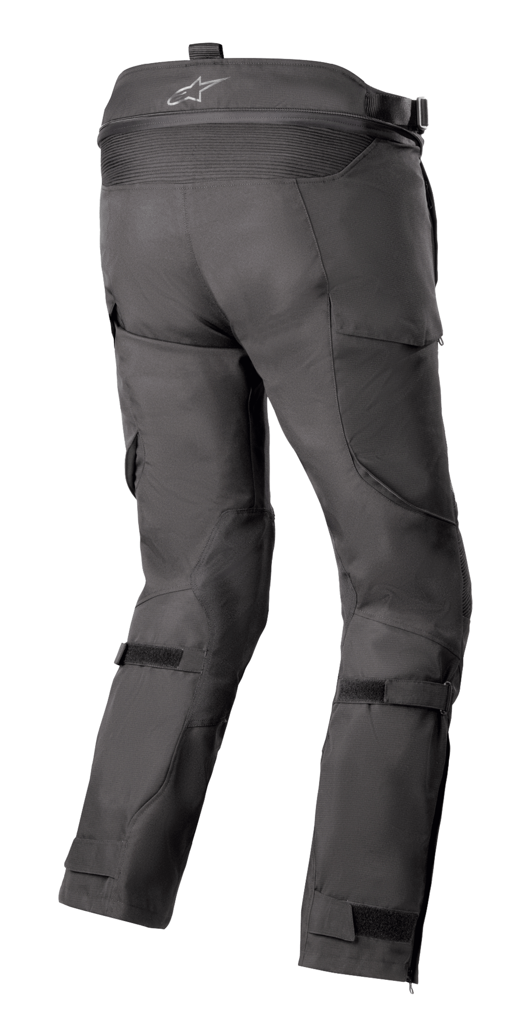 Alpinestars Bogota' Pro Drystar® 4 Seasons Pants, Pretas, vista traseira de calças de motociclismo para adventure touring, apresentando o logótipo no cós, painéis elásticos em acordeão e tiras de ajuste nas pernas