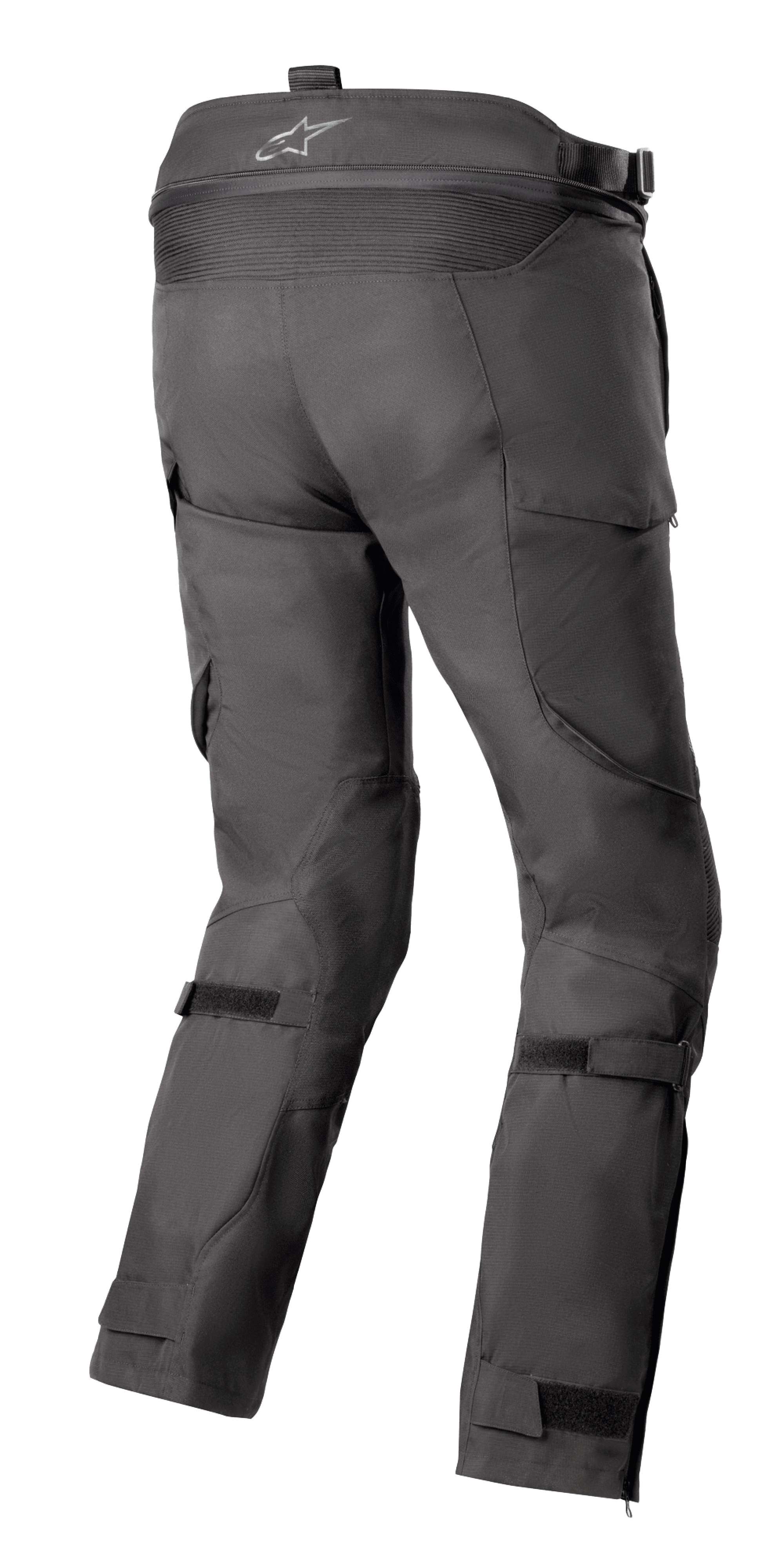 Alpinestars Bogota' Pro Drystar® 4 Seasons Pants, Pretas, vista traseira de calças de motociclismo para adventure touring, apresentando o logótipo no cós, painéis elásticos em acordeão e tiras de ajuste nas pernas