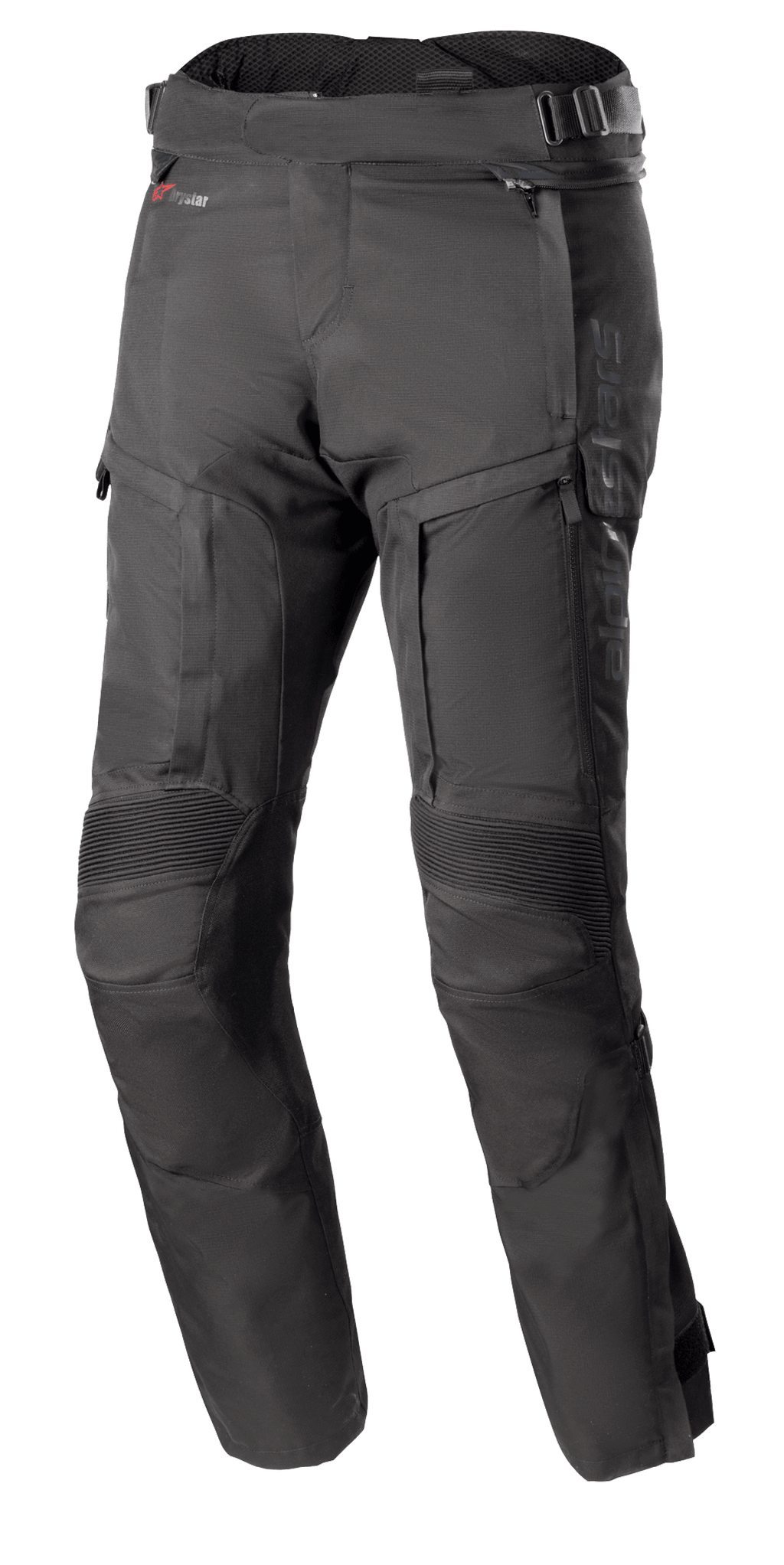 Calças Alpinestars Bogota Pro Drystar 4 Seasons, calças de motociclismo touring pretas, corte regular, áreas reforçadas nos joelhos com proteção canelada, alças de ajuste na cintura com fivelas, tecnologia impermeável Drystar, vários bolsos e fechos de ventilação