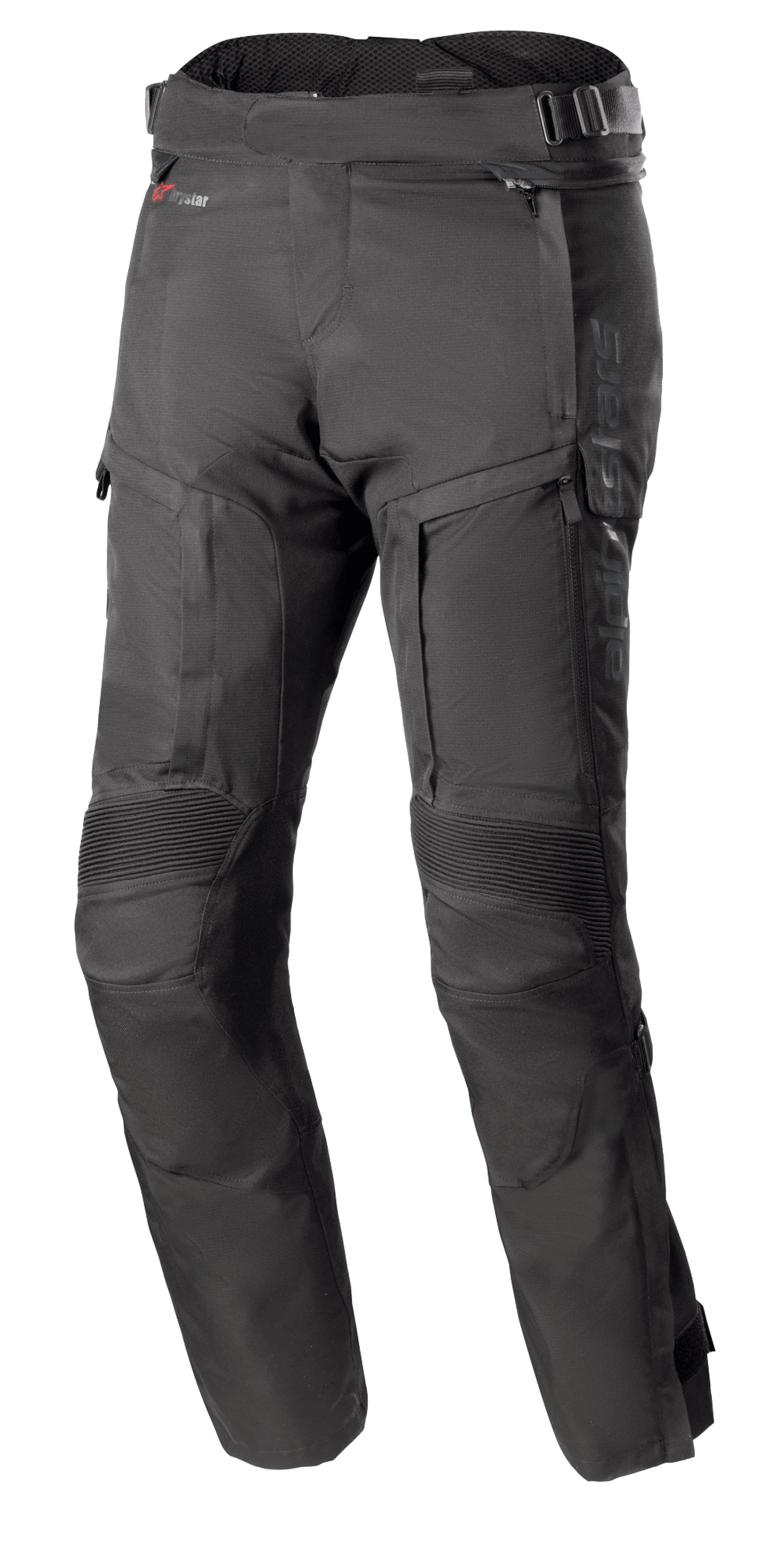 Calças Alpinestars Bogota Pro Drystar 4 Seasons, calças de motociclismo touring pretas, corte regular, áreas reforçadas nos joelhos com proteção canelada, alças de ajuste na cintura com fivelas, tecnologia impermeável Drystar, vários bolsos e fechos de ventilação