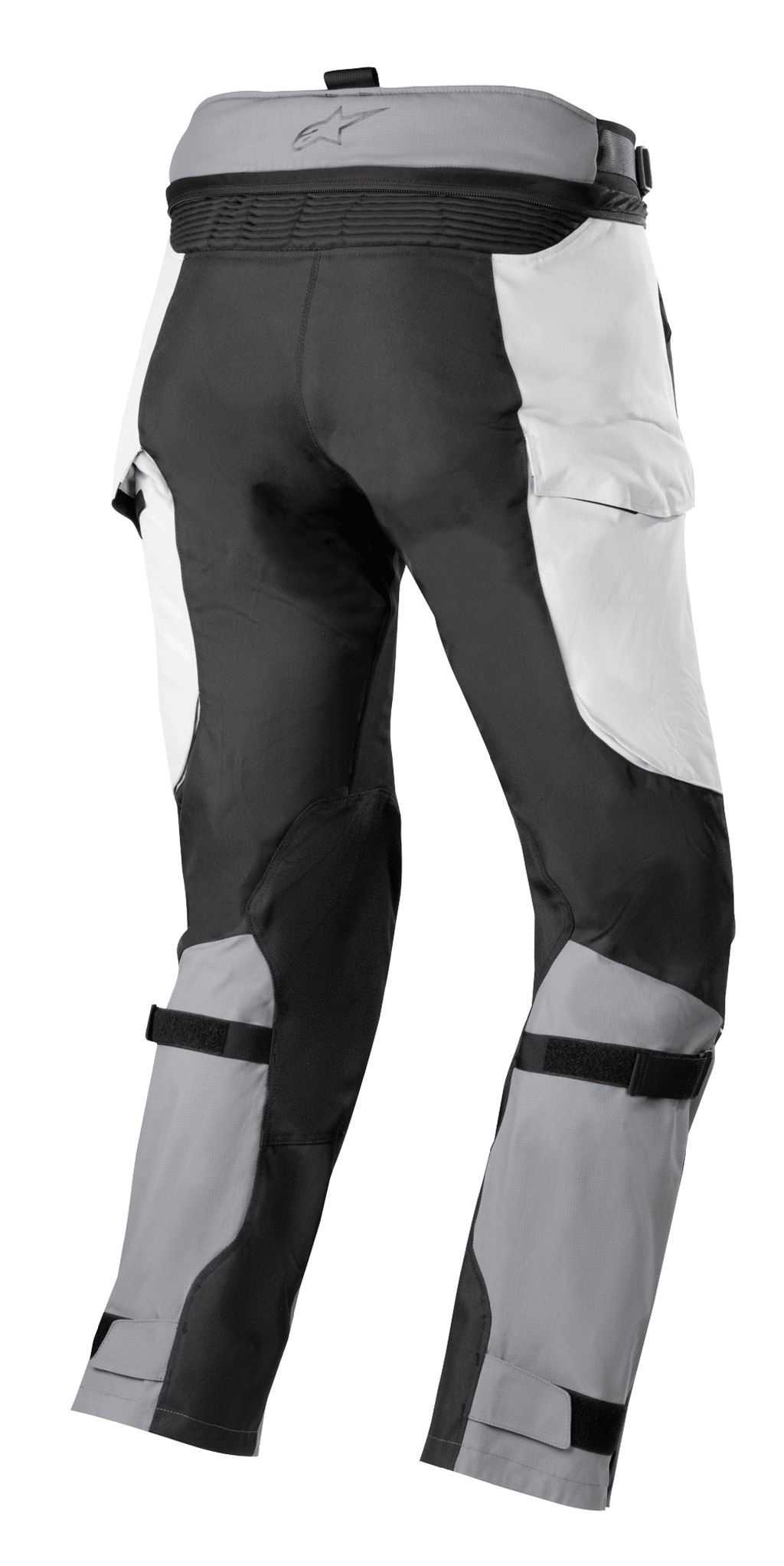 Alpinestars Bogota' Pro Drystar® 4 Seasons Pants, Adventure Touring Pants, Ice Gray and Dark Gray, rear view featuring waist connection zipper, cargo-style panels, and adjustable calf straps for a secure fit