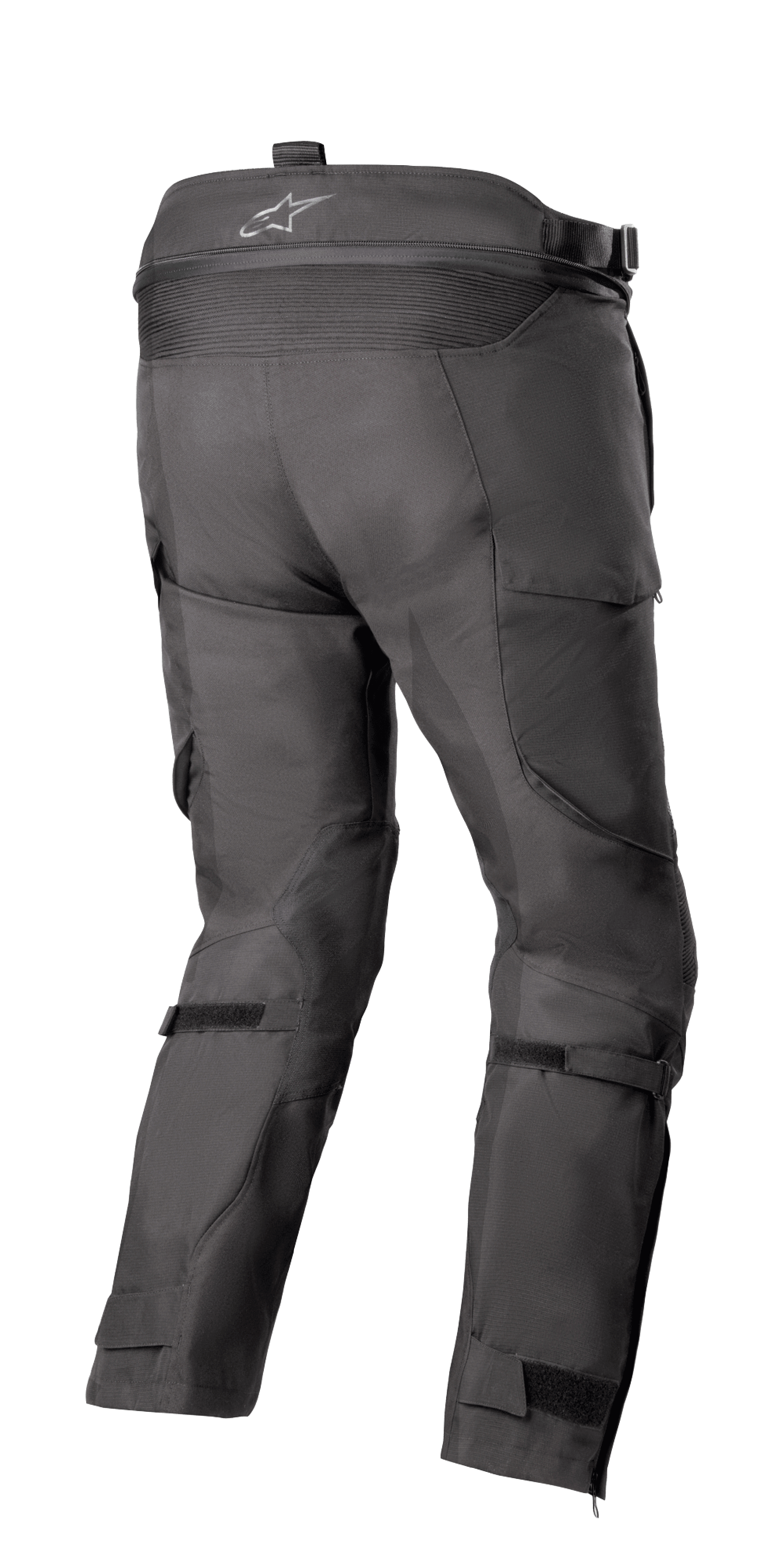 Alpinestars Bogotá Pro Drystar® 4 Seasons Pants - Short, Adventure Touring Motorcycle Pants, Black, rear view showing high waist with logo, stretch accordion panel, adjustable calf straps, and technical textile construction.