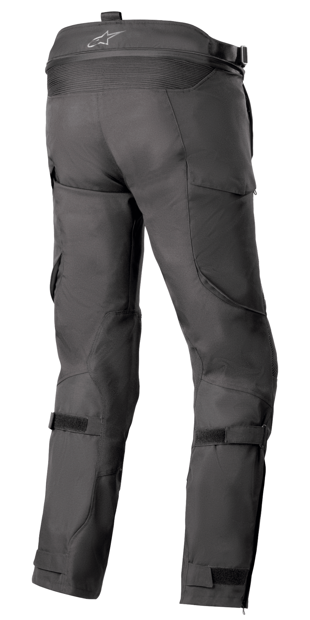 Alpinestars Calças Bogotá Pro Drystar® 4 Seasons - Longas, calças de motociclismo em tecido pretas, vista traseira destacando as correias ajustáveis na cintura e panturrilhas, ajuste ergonómico para condução de aventura