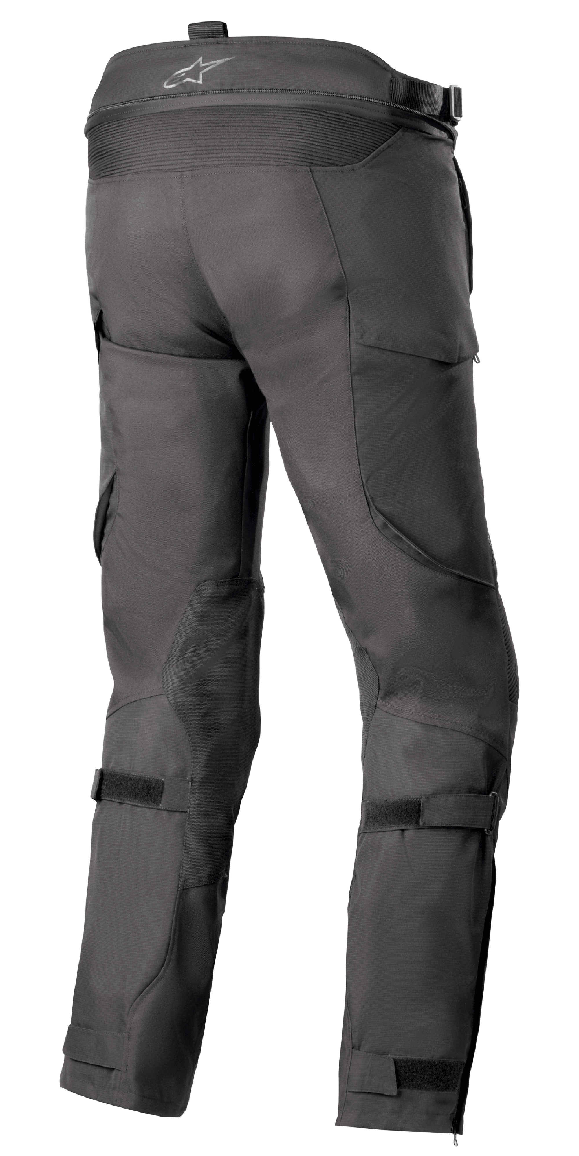 Alpinestars Calças Bogotá Pro Drystar® 4 Seasons - Longas, calças de motociclismo em tecido pretas, vista traseira destacando as correias ajustáveis na cintura e panturrilhas, ajuste ergonómico para condução de aventura