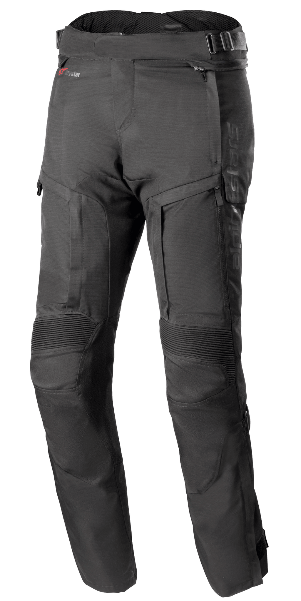 Alpinestars Bogota Pro Drystar 4 Seasons Pants - Long, calças de motociclismo de aventura e turismo pretas, com painéis elásticos canelados nos joelhos e painéis de ventilação com fecho de correr nas coxas, tiras de ajuste na cintura com fivelas e uma construção em têxtil técnico durável para proteção em todas as condições climatéricas.