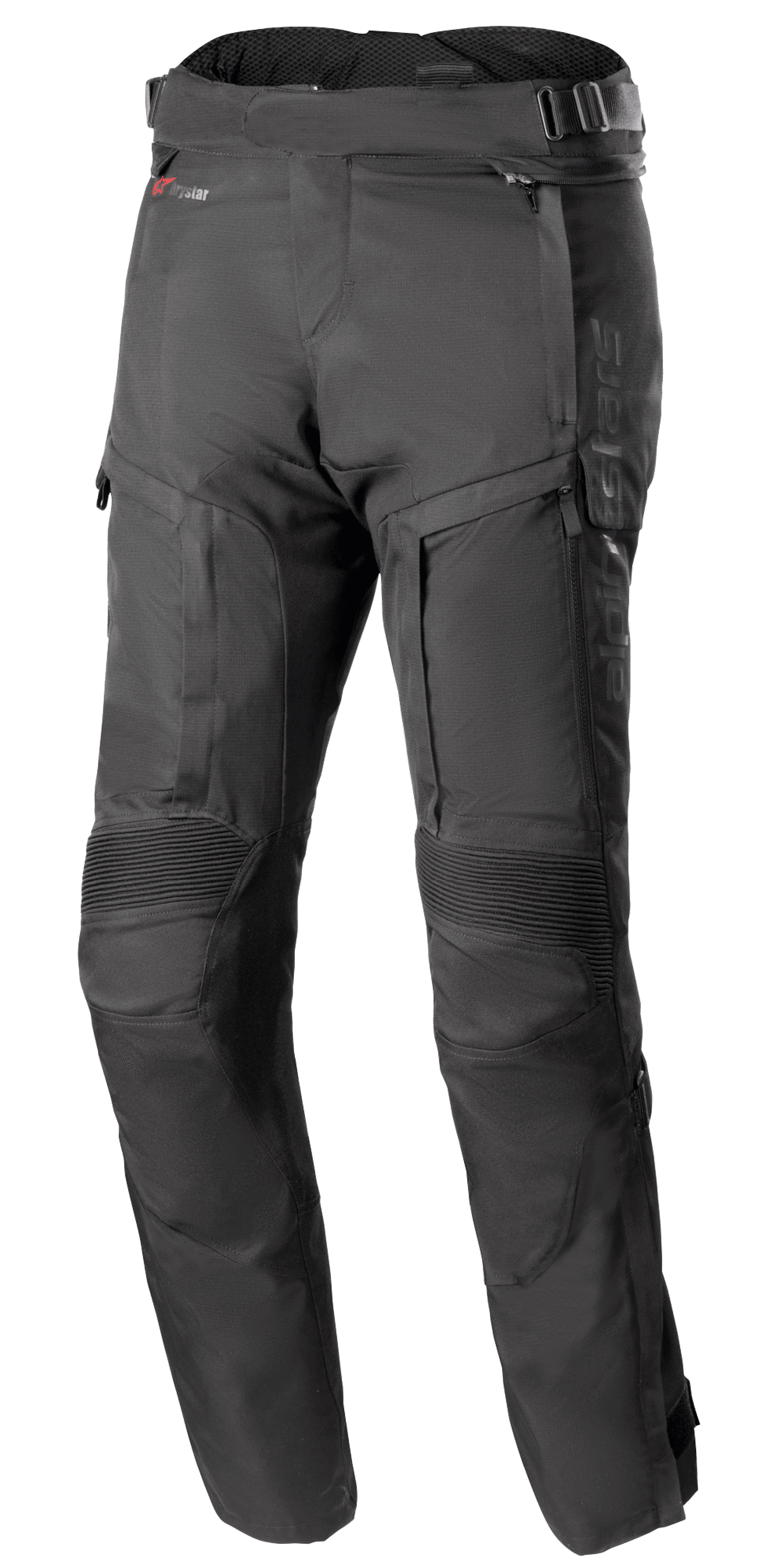 Alpinestars Bogota Pro Drystar 4 Seasons Pants - Long, calças de motociclismo de aventura e turismo pretas, com painéis elásticos canelados nos joelhos e painéis de ventilação com fecho de correr nas coxas, tiras de ajuste na cintura com fivelas e uma construção em têxtil técnico durável para proteção em todas as condições climatéricas.
