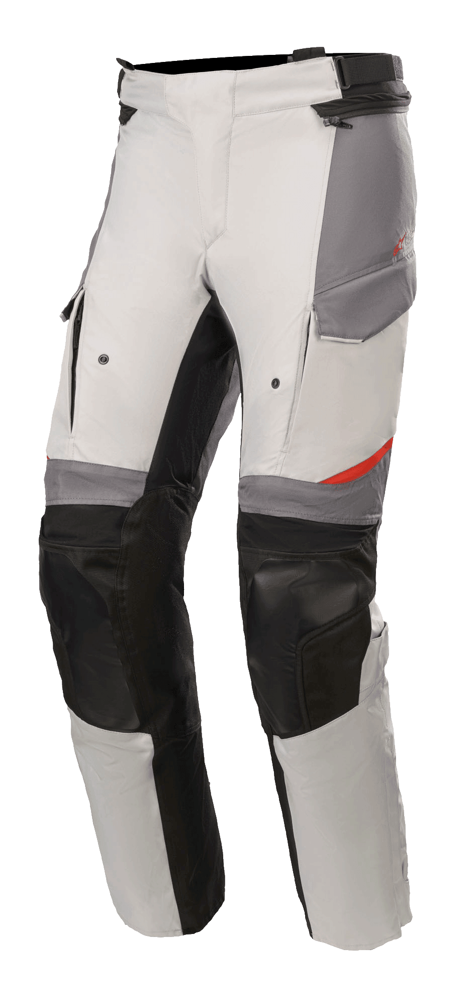 Alpinestars Calças Andes V3 Drystar®, calças de motociclismo Adventure Touring, cinzento gelo e cinzento escuro com detalhes pretos, painéis reforçados nos joelhos, bolsos estilo cargo e cintura ajustável, material têxtil resistente com pormenores vermelhos