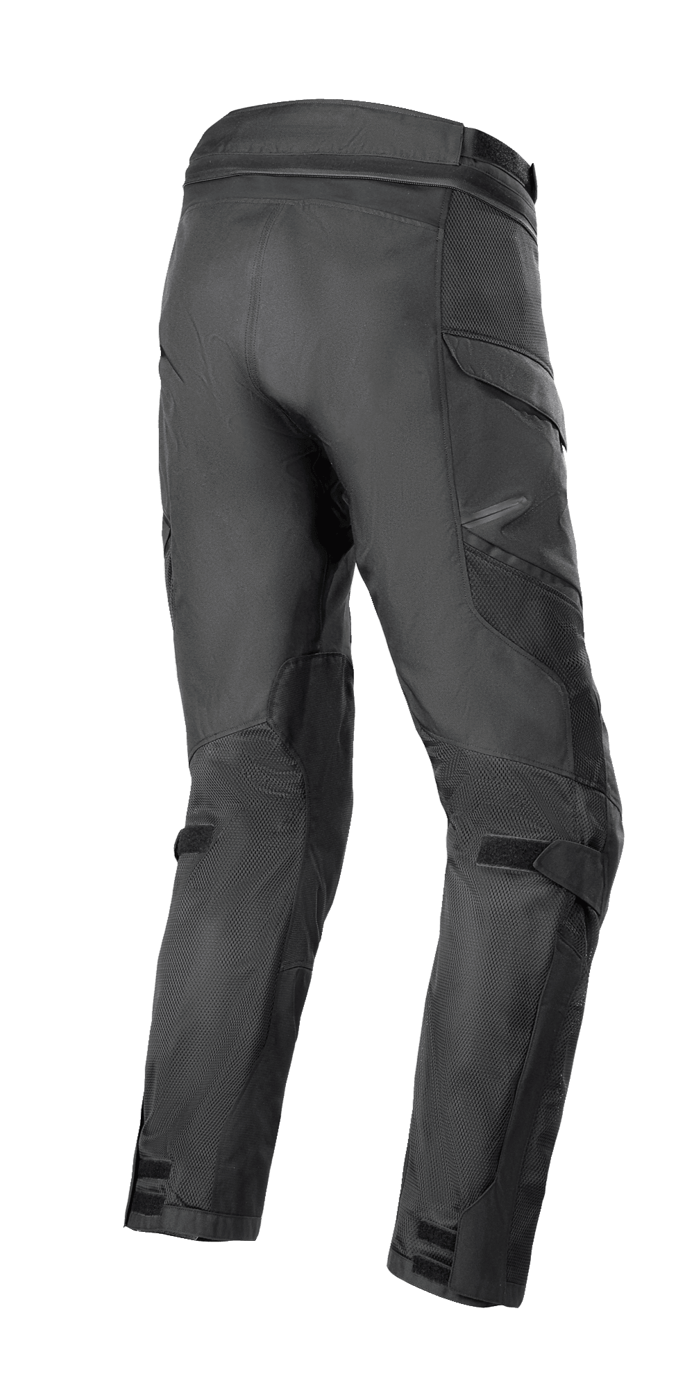 Calças Alpinestars Andes Air Drystar®, calças de motociclismo, pretas, vista traseira com amplos painéis de malha para fluxo de ar, bolsos cargo e tiras de velcro ajustáveis nos gémeos e tornozelos, construção têxtil durável para turismo de aventura