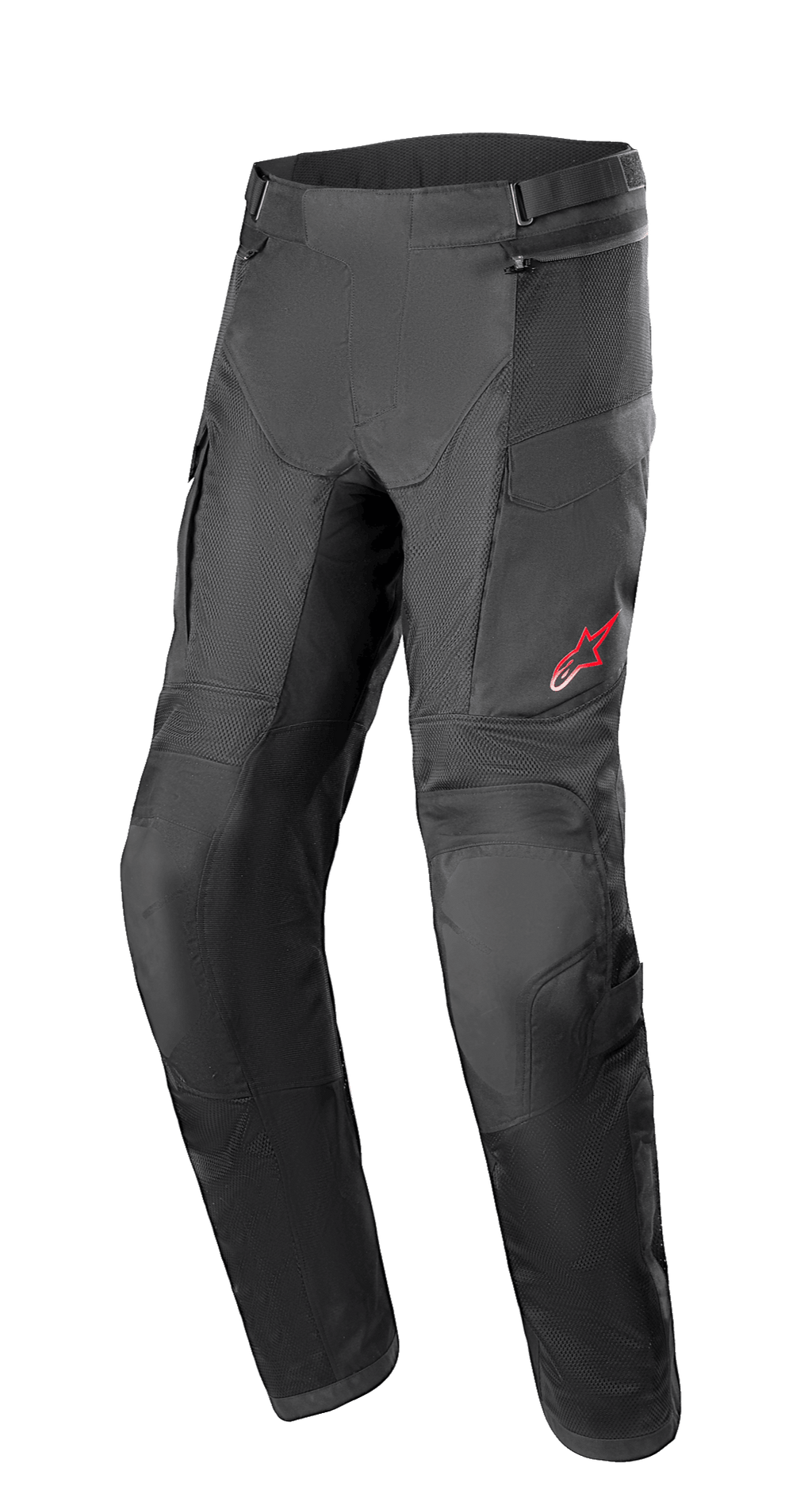 Calças Alpinestars Andes Air Drystar®, calças de motociclismo de turismo de aventura, pretas, com amplos painéis de malha para ventilação, logótipo de estrela vermelha na coxa esquerda, cintas de ajuste na cintura e secções reforçadas nos joelhos, concebidas para conforto em turismo
