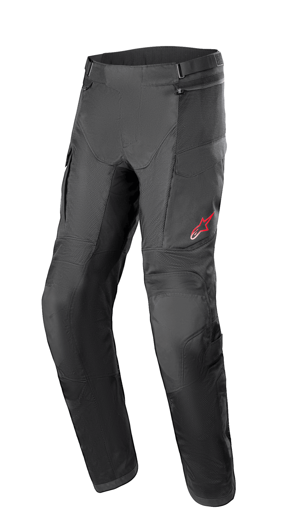 Calças Alpinestars Andes Air Drystar®, calças de motociclismo de turismo de aventura, pretas, com amplos painéis de malha para ventilação, logótipo de estrela vermelha na coxa esquerda, cintas de ajuste na cintura e secções reforçadas nos joelhos, concebidas para conforto em turismo