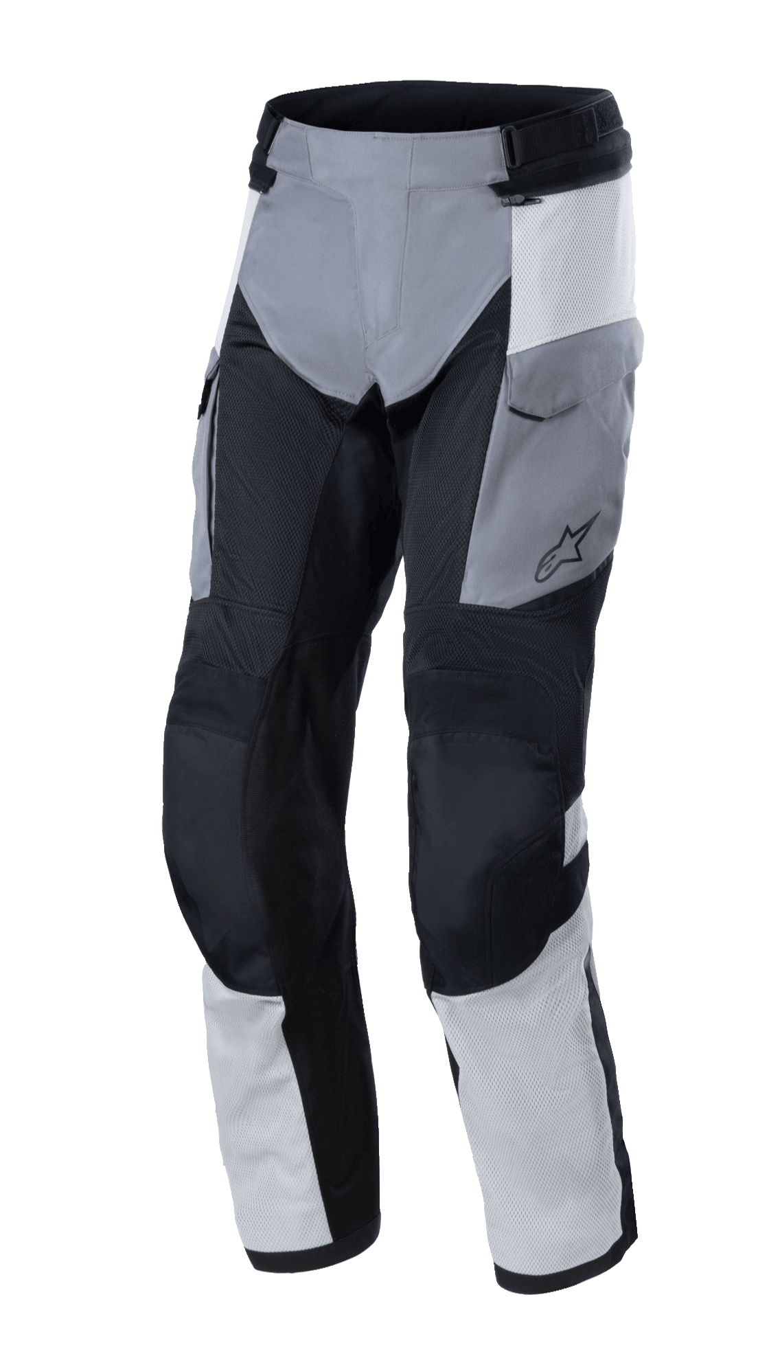 Alpinestars Andes Air Drystar® Pants, Adventure Touring Pants, Ice Gray, Dark Gray and Black, featuring extensive mesh panels for airflow, cargo pockets, and reinforced knee sections, durable textile construction for dual-season riding