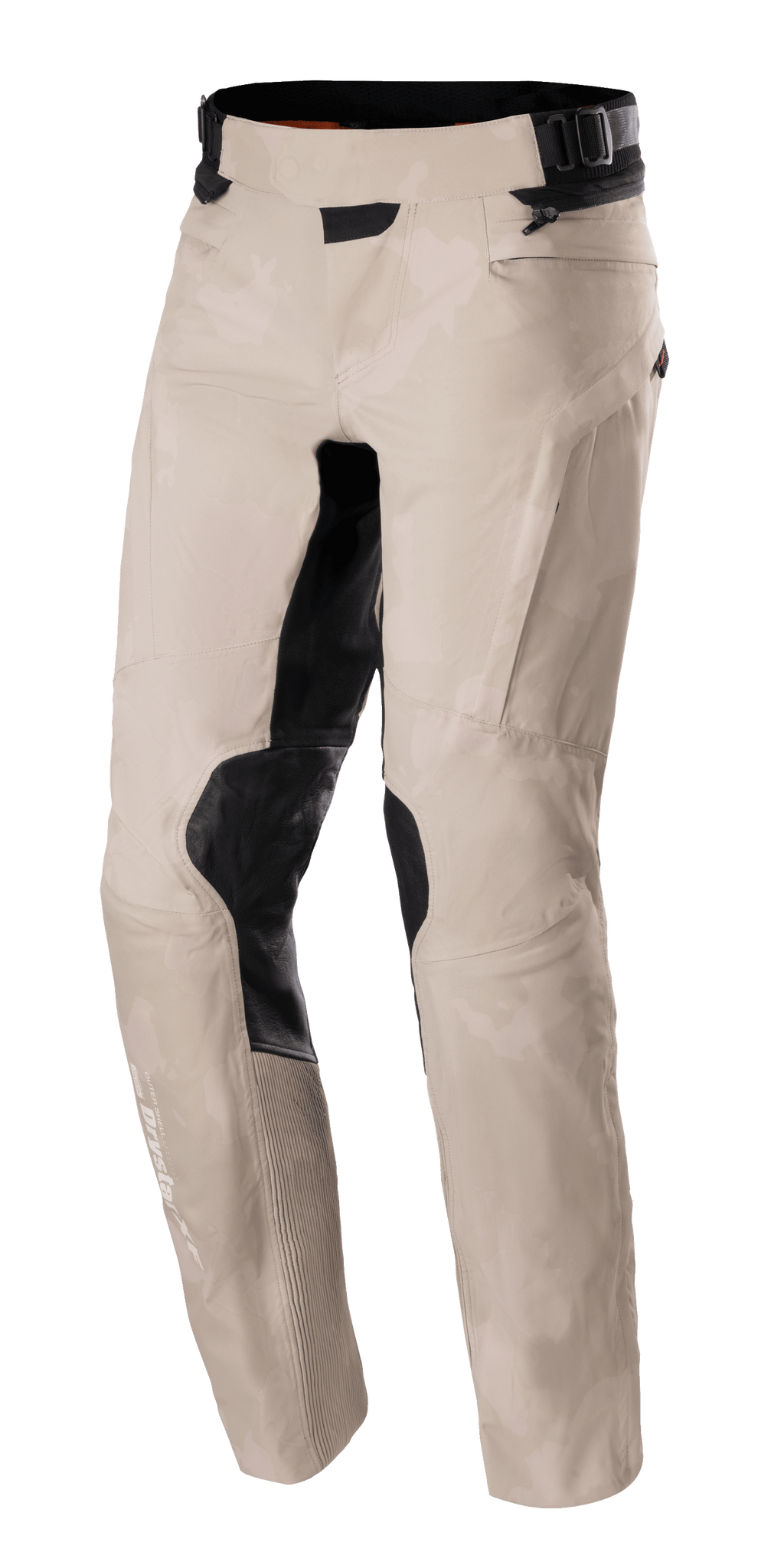 Calças Alpinestars AMT-10LAB Drystar® XF, calças de motociclismo de aventura, Aluminum Camo, padrão de camuflagem cinzento claro com painéis reforçados pretos nos joelhos e no interior das coxas, construção têxtil técnica com cintura ajustável e marca Drystar na parte inferior da perna