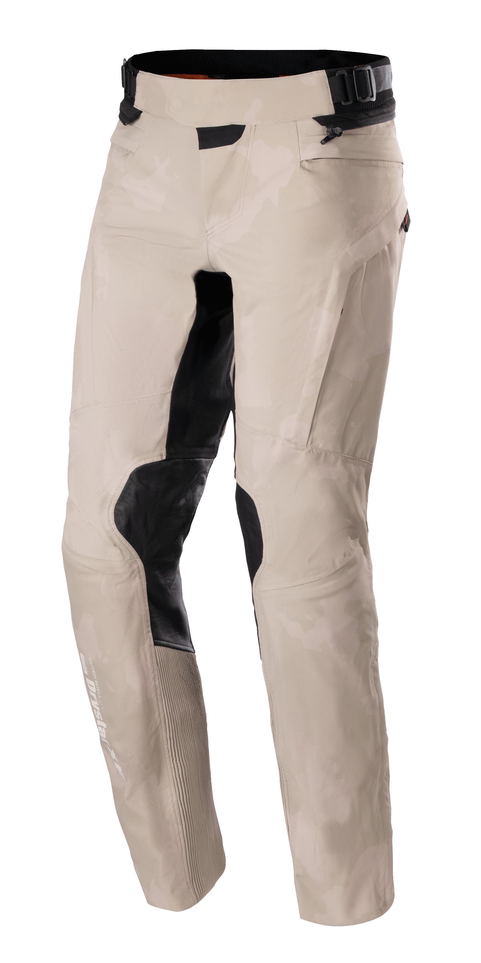 Calças Alpinestars AMT-10LAB Drystar® XF, calças de motociclismo de aventura, Aluminum Camo, padrão de camuflagem cinzento claro com painéis reforçados pretos nos joelhos e no interior das coxas, construção têxtil técnica com cintura ajustável e marca Drystar na parte inferior da perna