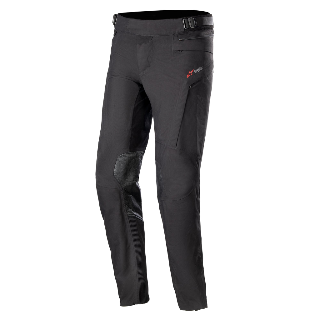 Alpinestars AMT-10 Drystar® XF Pants, Motorcycle Touring Pants, Black, featuring red logo on hip, reinforced knee panels, accordion stretch on lower legs, adjustable waist and zippered pockets, technical textile design for adventure riding