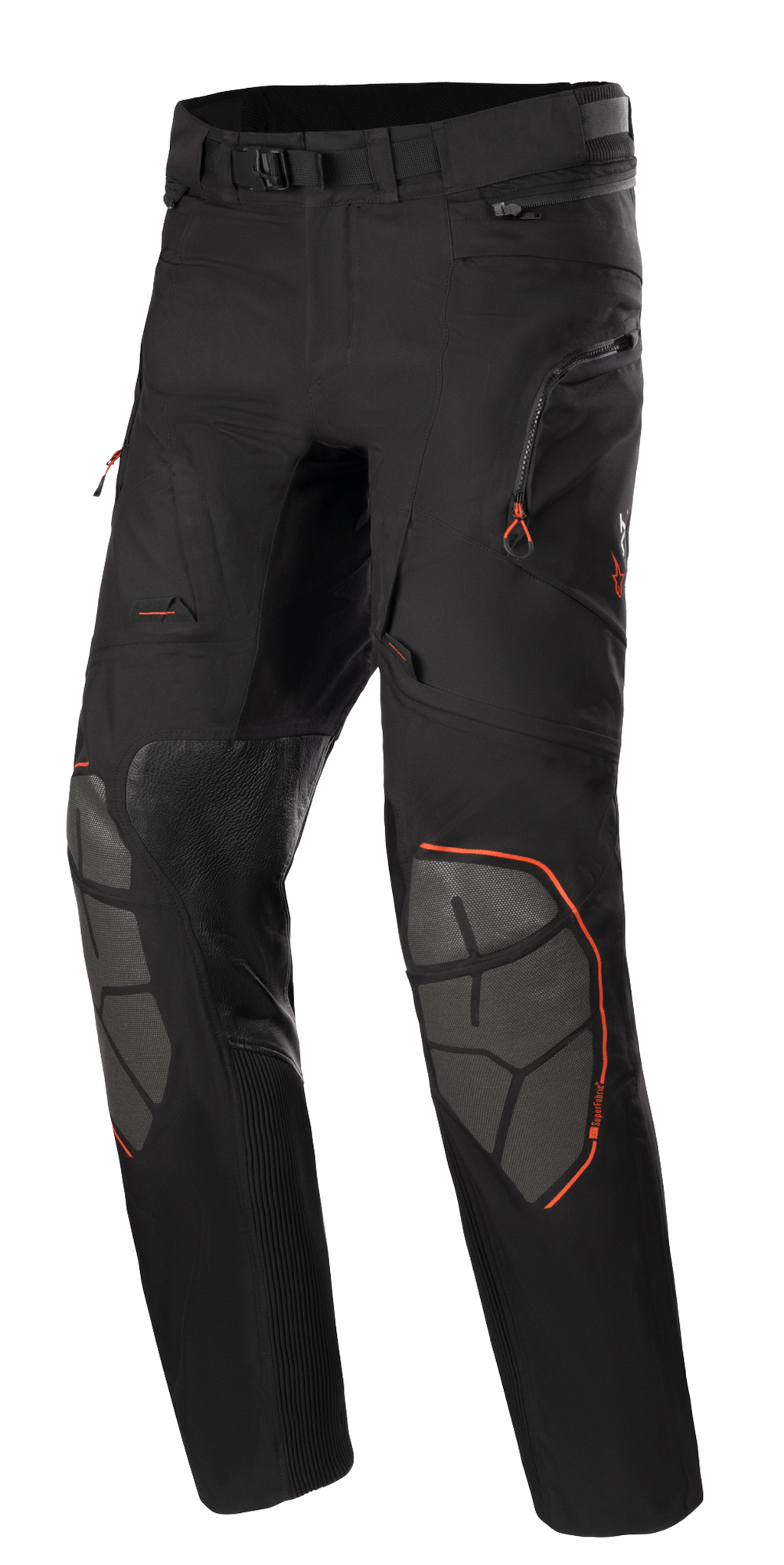 Alpinestars AMT-10R Drystar XF Pants, calças de motociclismo para turismo de aventura, pretas com detalhes em laranja, reforços nos joelhos em Superfabric cinzento, cinto ajustável, bolsos com fecho de correr, design laminado impermeável