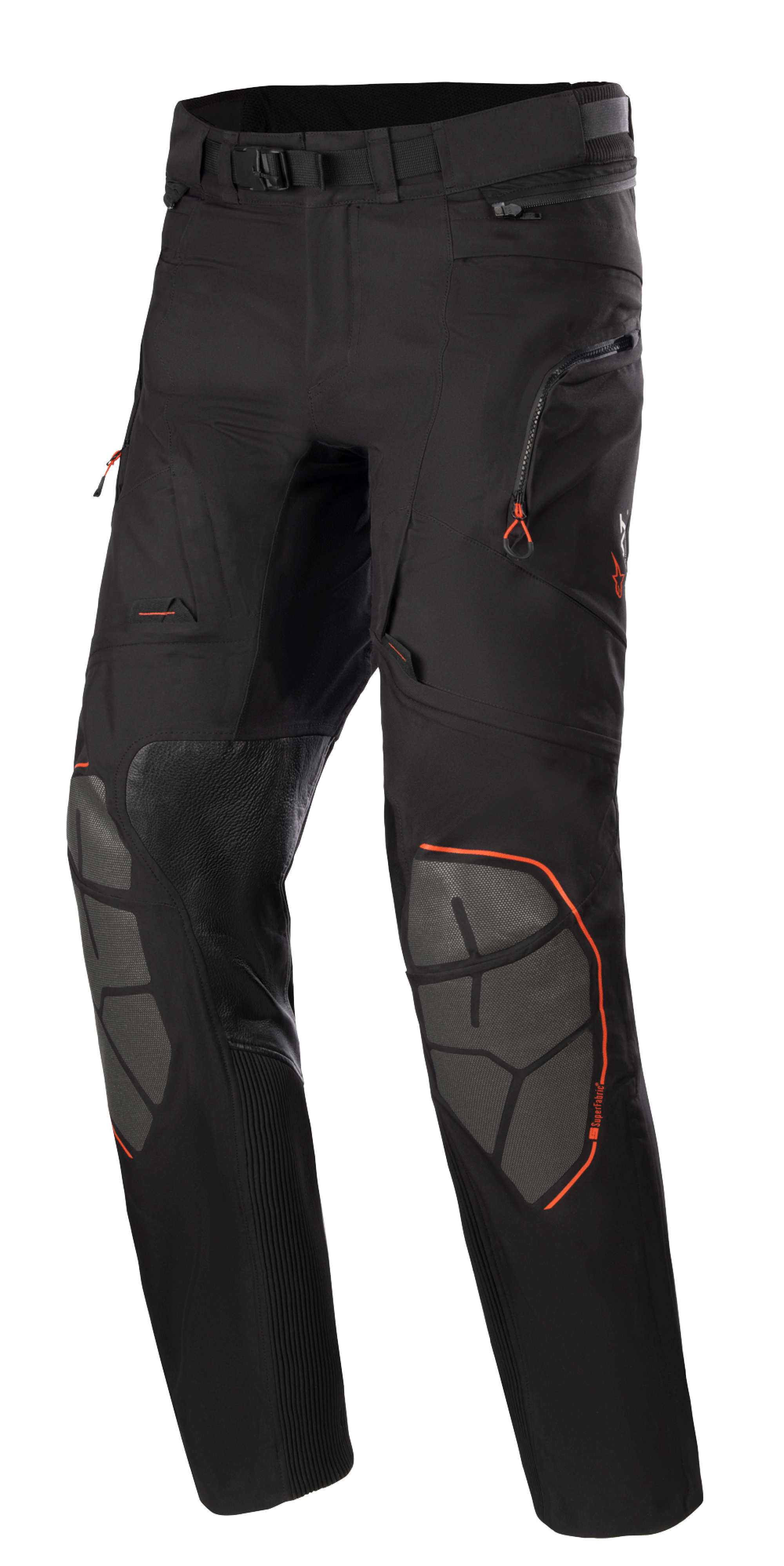 Alpinestars AMT-10R Drystar XF Pants, calças de motociclismo para turismo de aventura, pretas com detalhes em laranja, reforços nos joelhos em Superfabric cinzento, cinto ajustável, bolsos com fecho de correr, design laminado impermeável