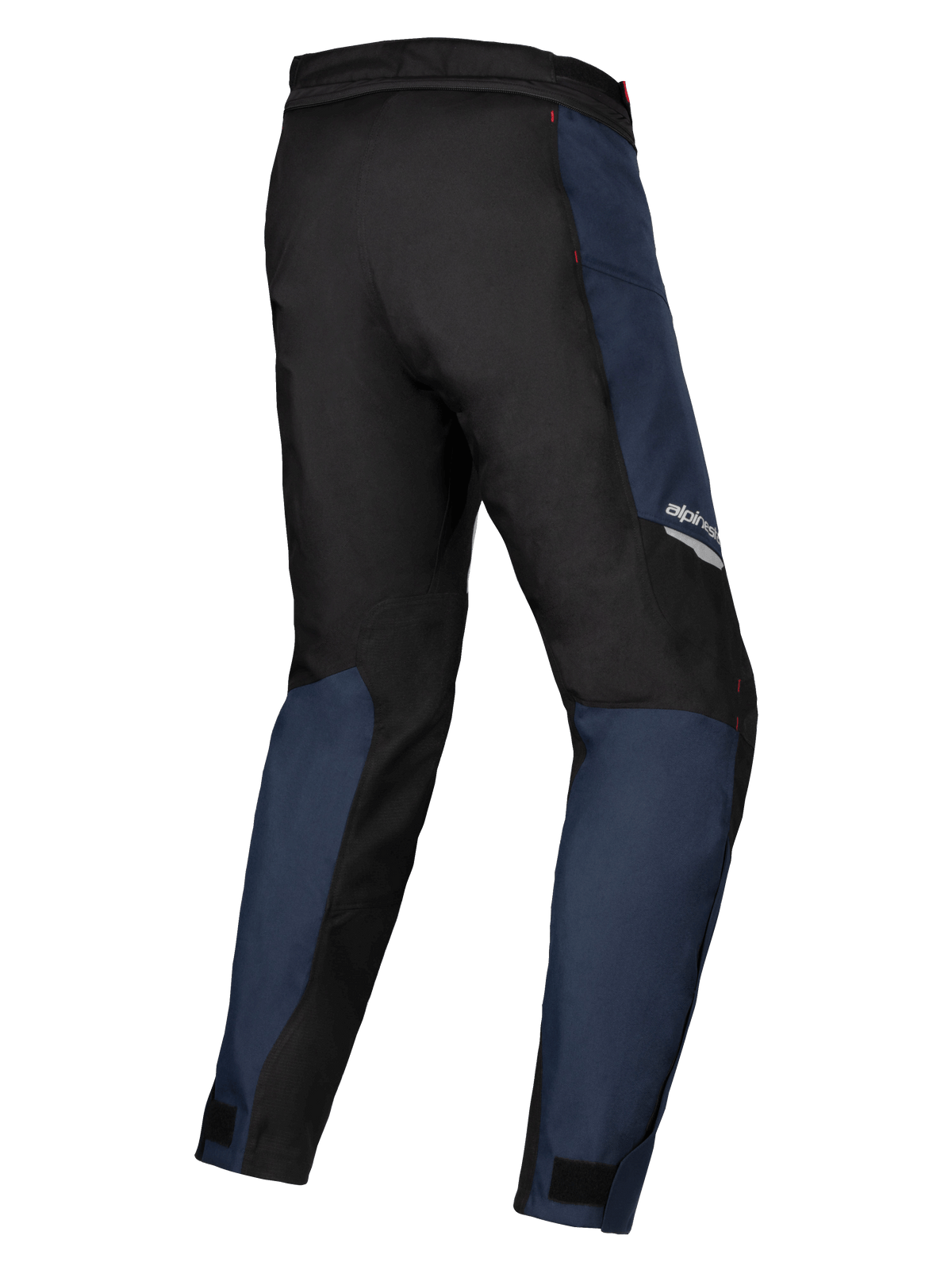 Calças Alpinestars Stella ST-1 Waterproof, tecido azul escuro e preto com pormenores em vermelho vivo, vista traseira de três quartos realçando a construção durável e o ajuste ergonómico para adventure touring feminino