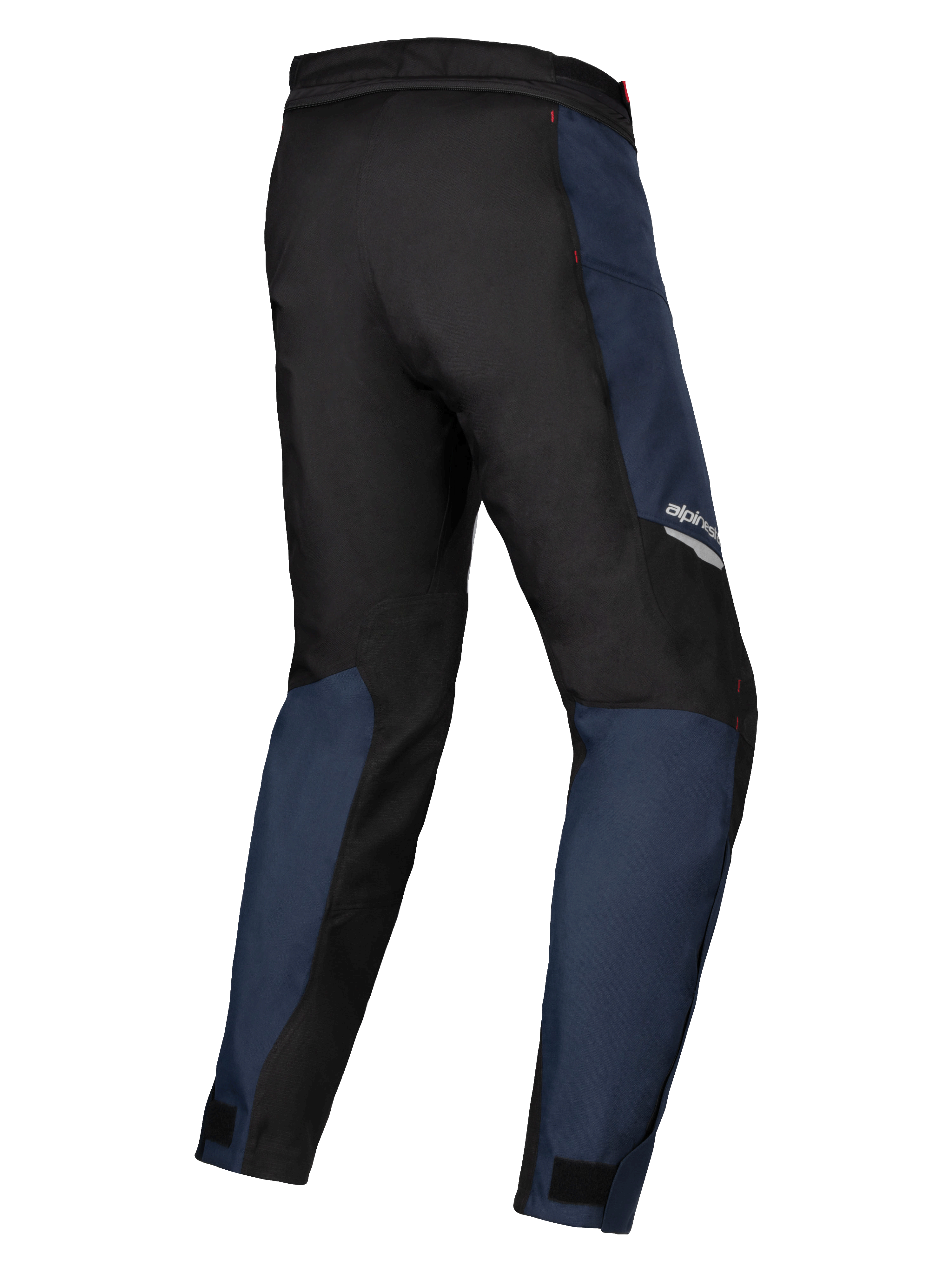 Calças Alpinestars Stella ST-1 Waterproof, tecido azul escuro e preto com pormenores em vermelho vivo, vista traseira de três quartos realçando a construção durável e o ajuste ergonómico para adventure touring feminino