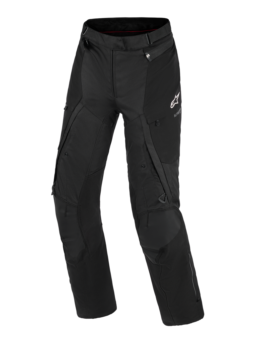 Calças Alpinestars Stella Andes V4 Drystar®, calças de motociclismo de aventura para mulher, pretas, vista frontal mostrando a construção têxtil técnica, logótipo branco Alpinestars na coxa esquerda, bolsos cargo e fechos de ventilação, equipamento de condução durável para todas as condições meteorológicas
