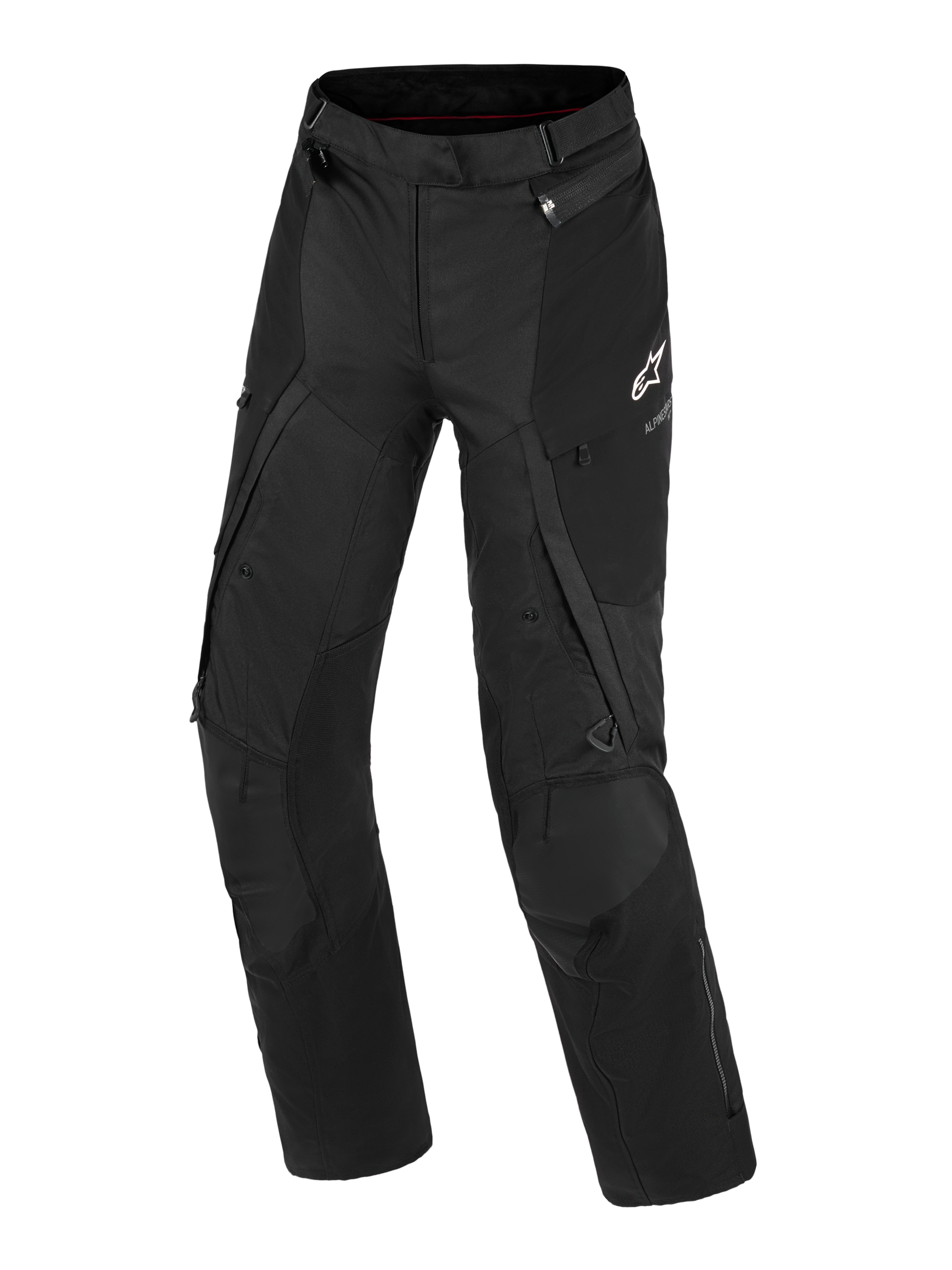 Calças Alpinestars Stella Andes V4 Drystar®, calças de motociclismo de aventura para mulher, pretas, vista frontal mostrando a construção têxtil técnica, logótipo branco Alpinestars na coxa esquerda, bolsos cargo e fechos de ventilação, equipamento de condução durável para todas as condições meteorológicas