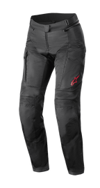 Calças Alpinestars Stella Andes Air Drystar®, calças de motociclismo de turismo para mulher, pretas, com grandes painéis de malha para ventilação, bolsos cargo e um logótipo Alpinestars vermelho na coxa esquerda, design têxtil técnico para várias estações
