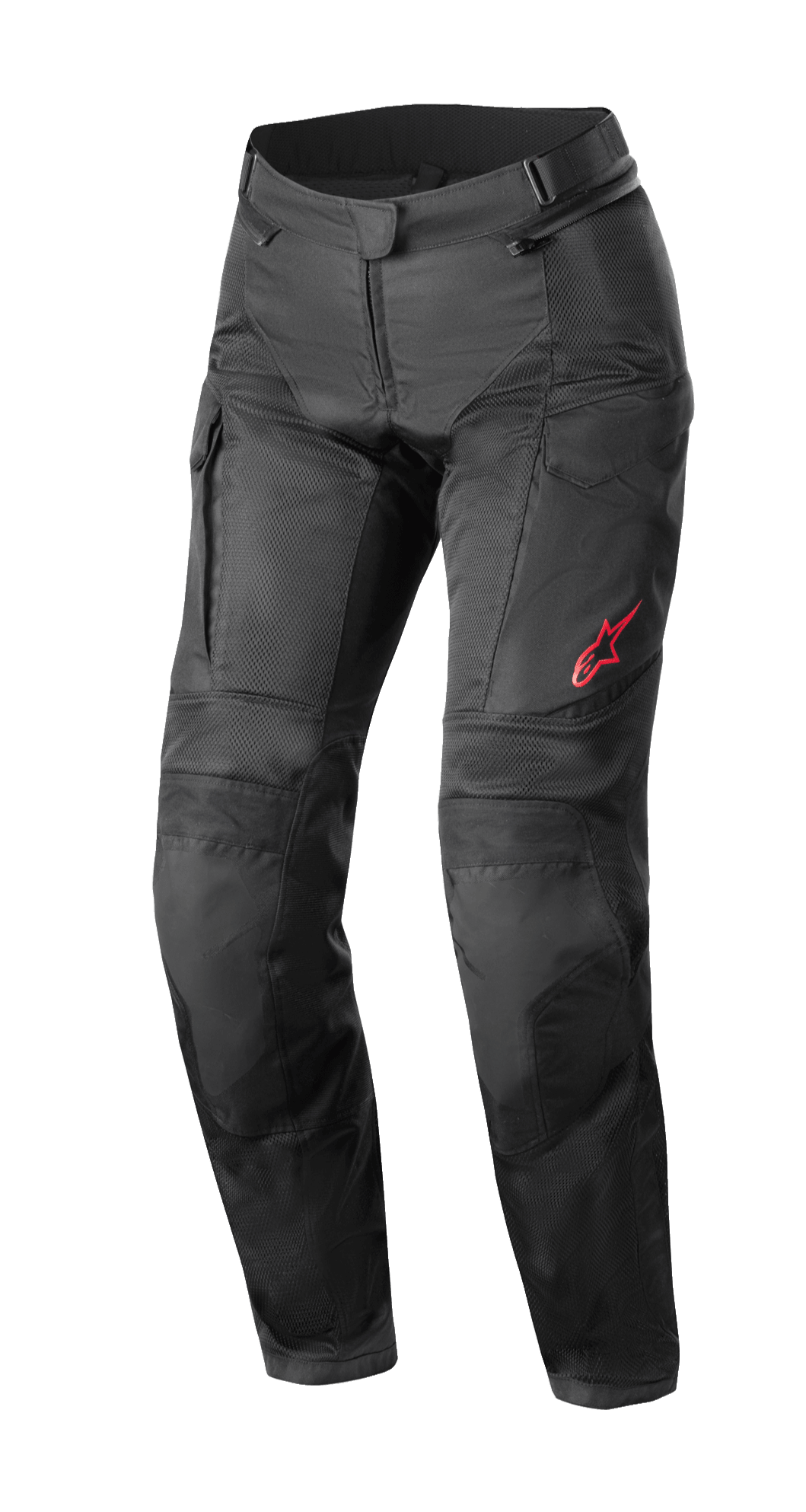 Calças Alpinestars Stella Andes Air Drystar®, calças de motociclismo de turismo para mulher, pretas, com grandes painéis de malha para ventilação, bolsos cargo e um logótipo Alpinestars vermelho na coxa esquerda, design têxtil técnico para várias estações
