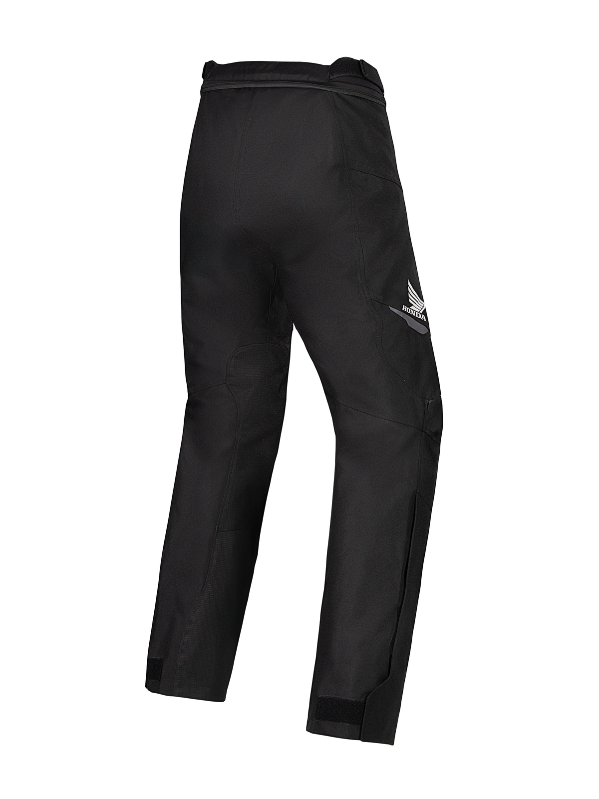 Alpinestars Honda Stella St-1 Waterproof Pants, calças de motociclismo femininas pretas, vista traseira de três quartos com o logótipo da asa da Honda em branco na coxa direita, construção têxtil durável com joelhos articulados e ajustadores nos tornozelos, concebidas para touring e aventura