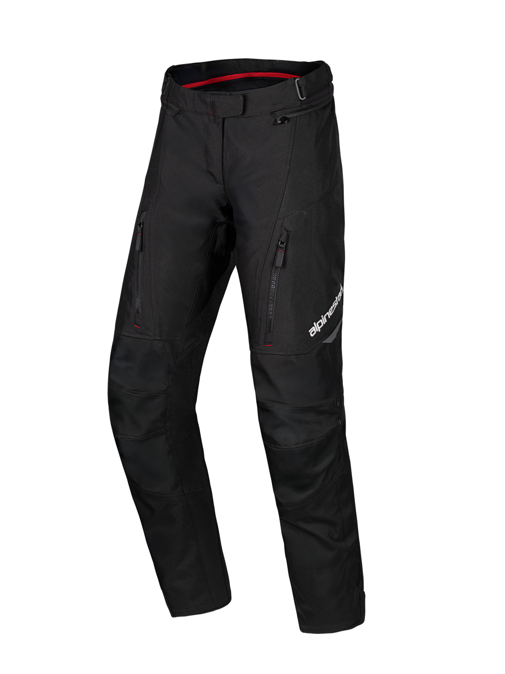 Alpinestars Honda Stella ST-1 Waterproof Pants, calças de motociclismo de turismo para mulher, pretas com forro interior da cintura em vermelho, dois bolsos verticais com fecho de correr nas coxas, logótipo Alpinestars na perna, equipamento de aventura em têxtil durável