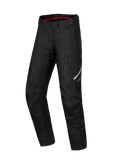 Alpinestars Honda Stella ST-1 Waterproof Pants, calças de motociclismo de turismo para mulher, pretas com forro interior da cintura em vermelho, dois bolsos verticais com fecho de correr nas coxas, logótipo Alpinestars na perna, equipamento de aventura em têxtil durável