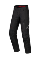 Alpinestars Honda Stella ST-1 Waterproof Pants, calças de motociclismo de turismo para mulher, pretas com forro interior da cintura em vermelho, dois bolsos verticais com fecho de correr nas coxas, logótipo Alpinestars na perna, equipamento de aventura em têxtil durável