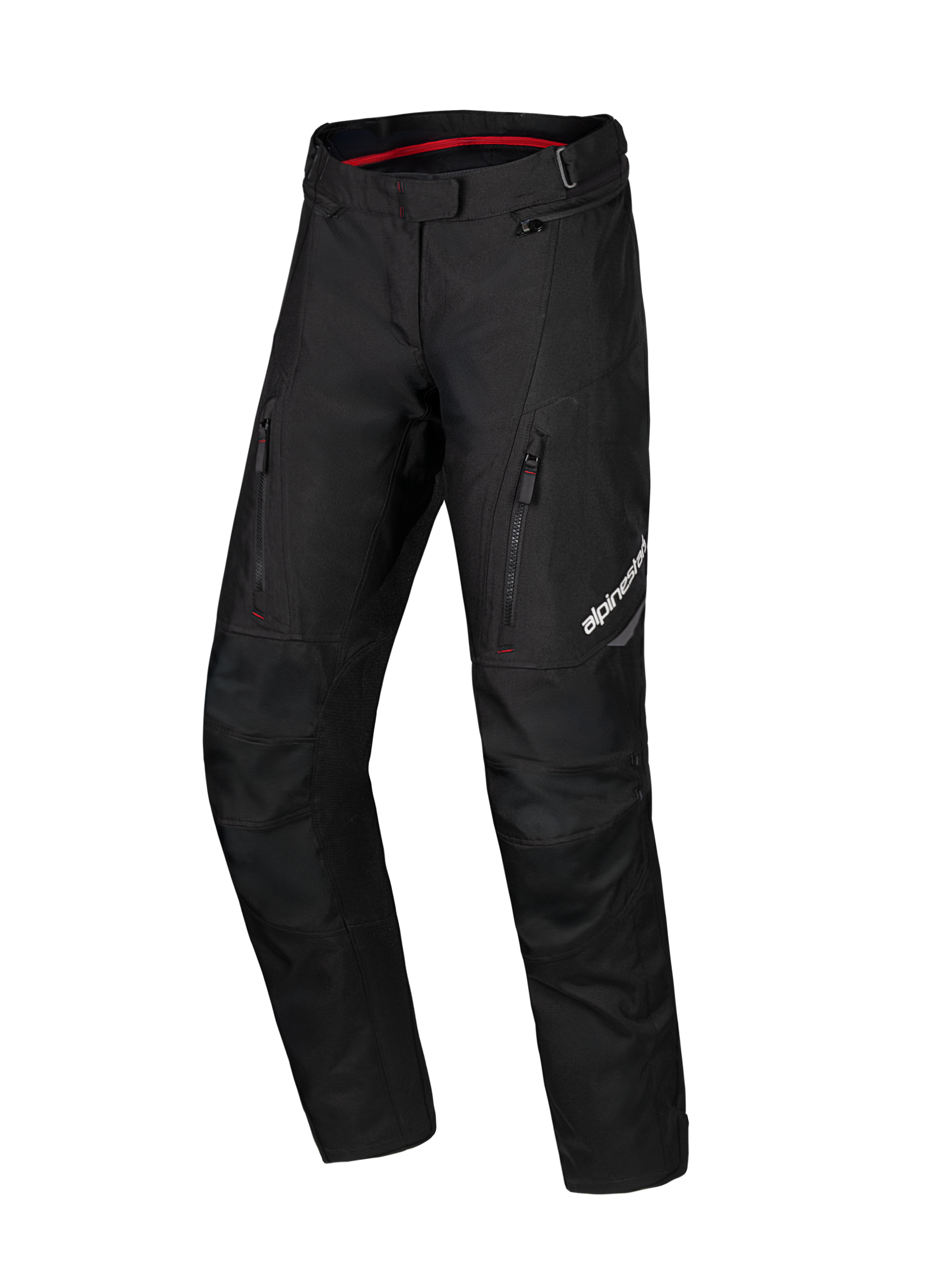 Alpinestars Honda Stella ST-1 Waterproof Pants, calças de motociclismo de turismo para mulher, pretas com forro interior da cintura em vermelho, dois bolsos verticais com fecho de correr nas coxas, logótipo Alpinestars na perna, equipamento de aventura em têxtil durável