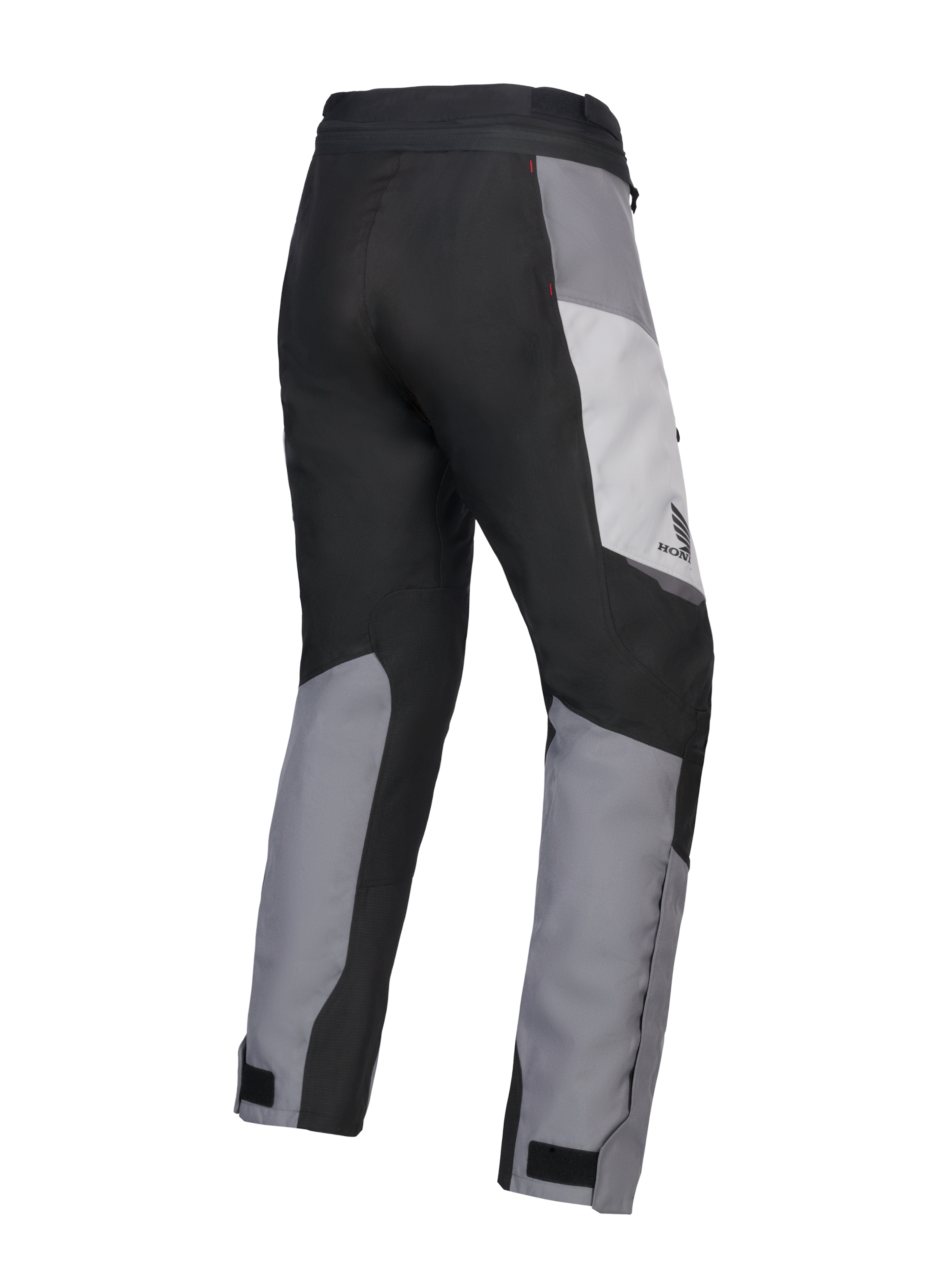 Alpinestars 2025 Honda Woman Stella ST-1 Waterproof Pants, Women's Motorcycle Touring Pants, Ice Gray Dark Gray and Black, rear three-quarter view showing durable textile construction, gray and black color-blocked panels, Honda branding on the hip, and adjustable ankle closures.