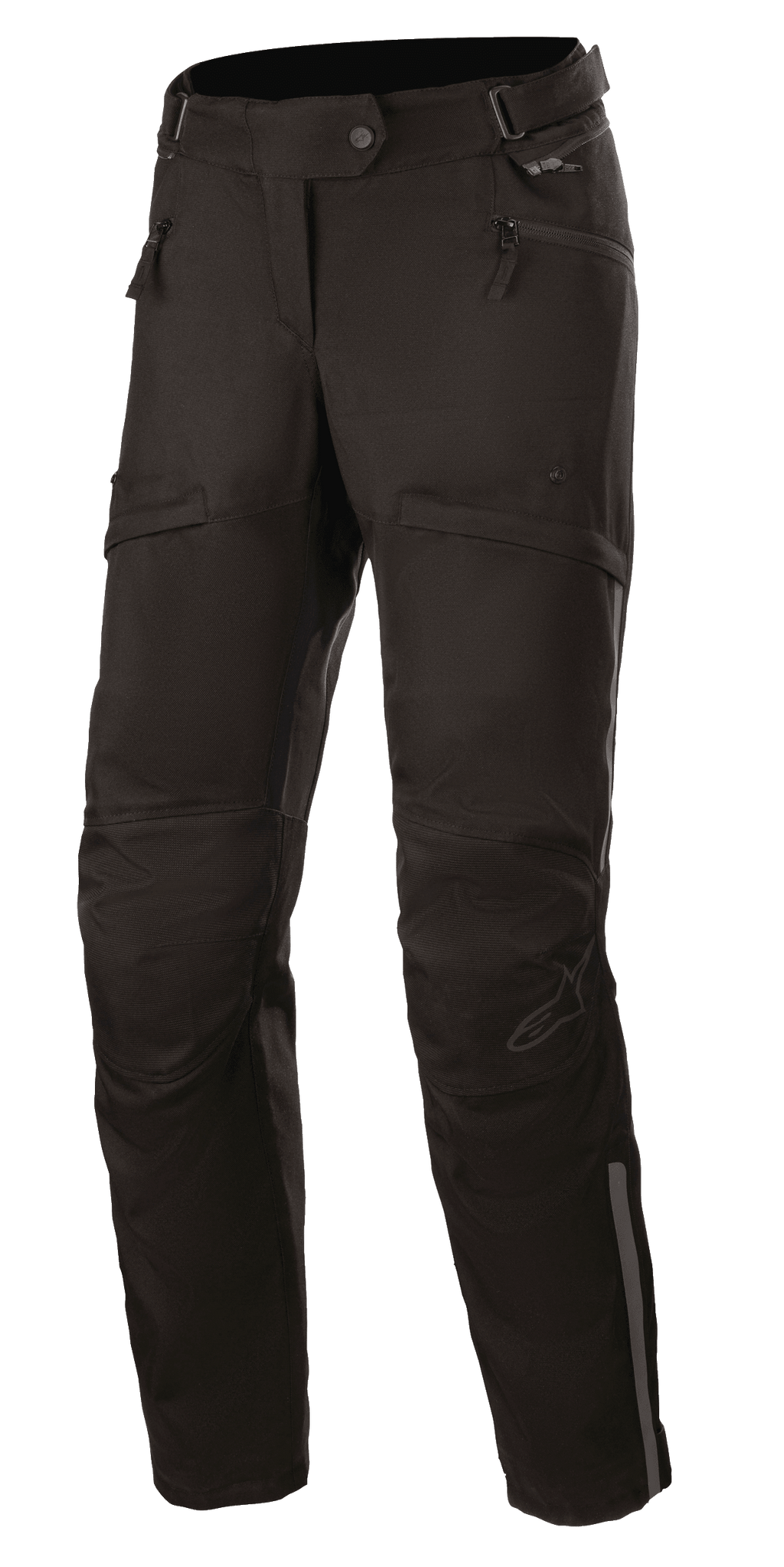 Alpinestars Stella AST-1 V2 Waterproof Pants, calças de touring para motociclismo de mulher, pretas, com bolsos de mão com fecho de correr, painéis reforçados nos joelhos, cinto de ajuste na cintura e detalhes refletores.