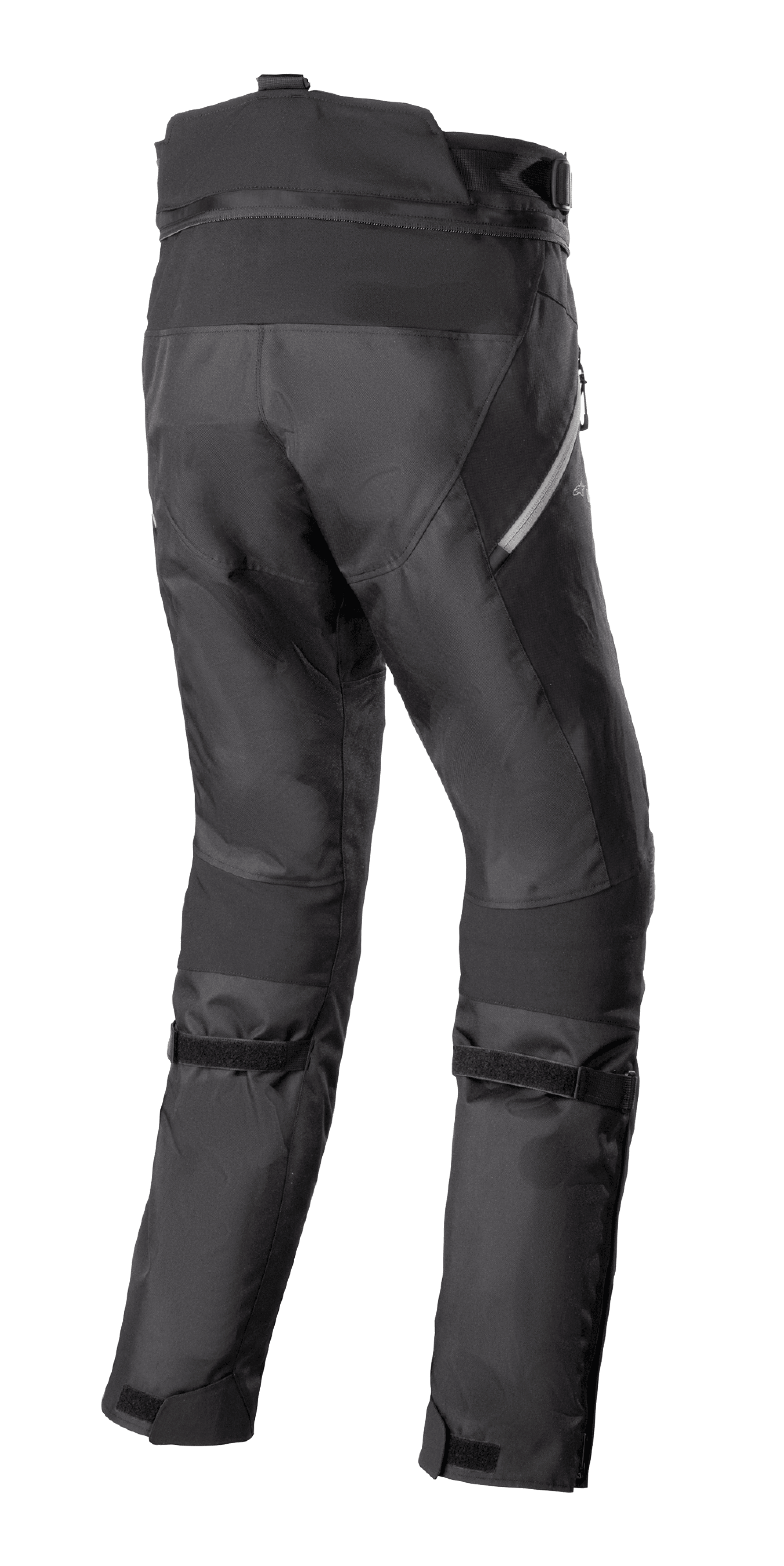 Alpinestars Stella Bogotá Pro Drystar 4 Seasons Pants, calças de motociclismo de aventura para mulher, pretas, vista traseira com construção têxtil técnica, tiras de ajuste na panturrilha e detalhes refletores laterais.