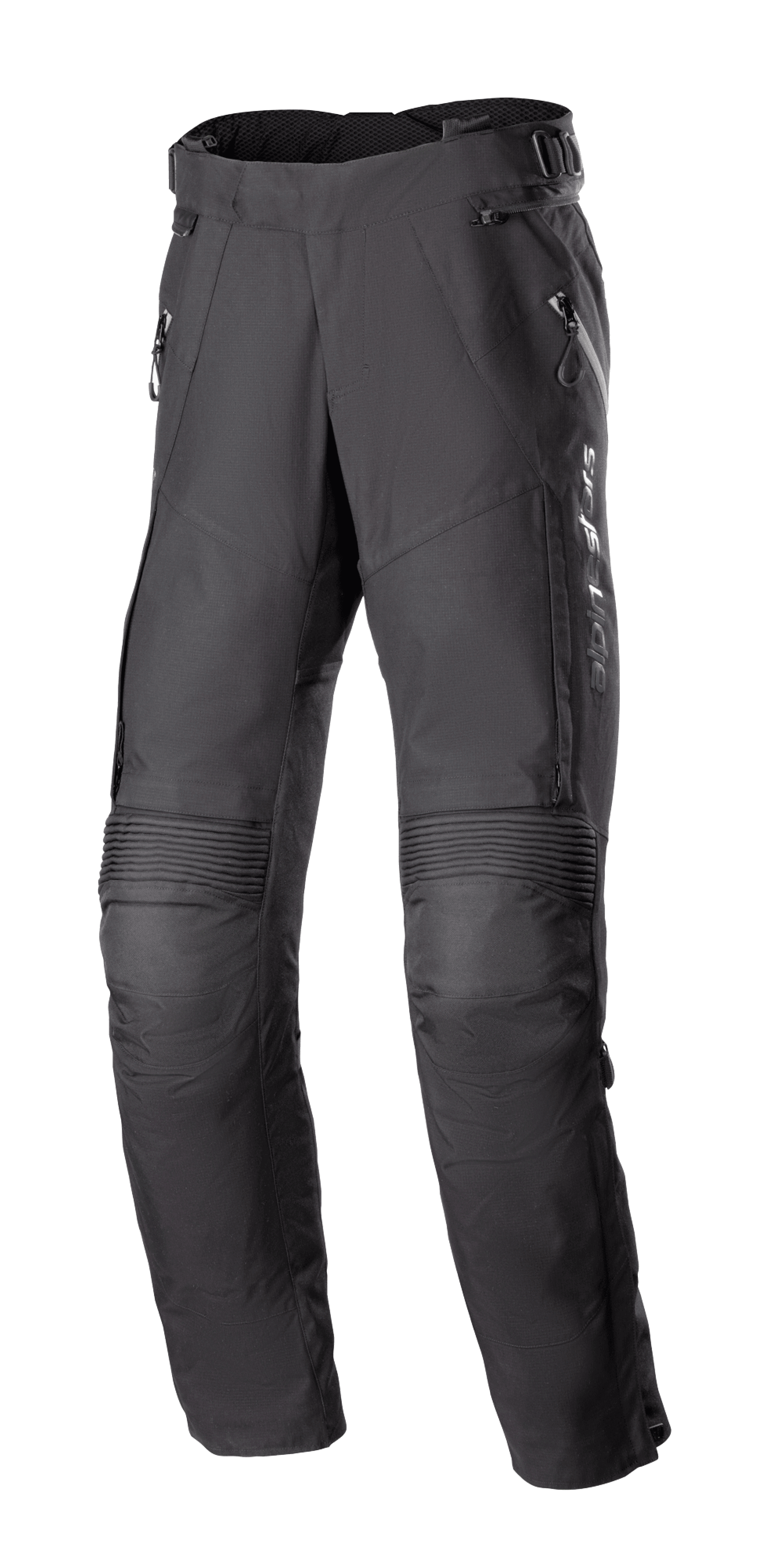 Calças Alpinestars Stella Bogota Pro Drystar 4 Seasons para mulher, calças pretas de mototurismo, com painéis elásticos em acordeão nos joelhos, aberturas de ventilação com fecho nas coxas e fivelas de ajuste na cintura, equipamento têxtil técnico de aventura