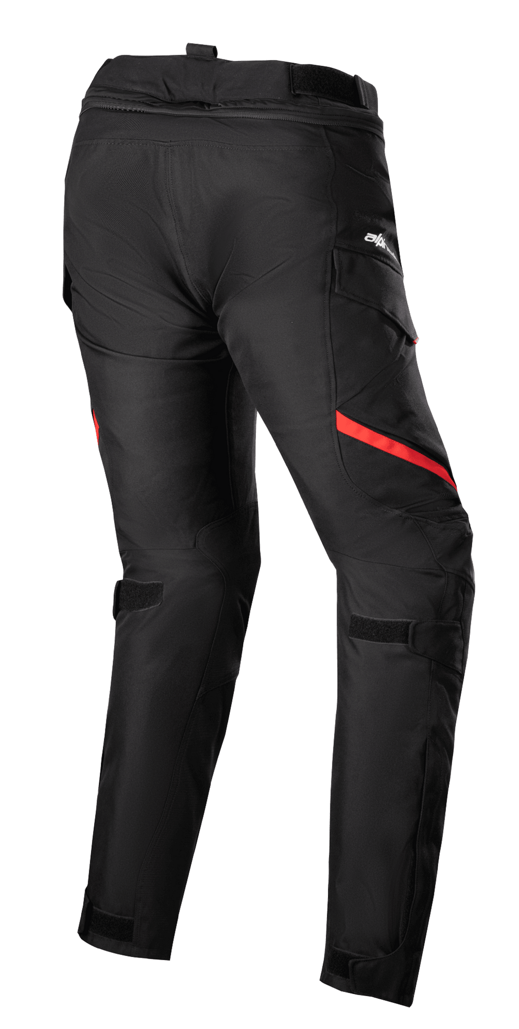 Alpinestars Stella Honda Andes V3 Drystar® Pants Femininas, calças de motociclismo touring, pretas e vermelho brilhante, vista traseira com bolsos cargo, tiras ajustáveis na cintura e nos joelhos, e construção têxtil durável para todas as condições climatéricas