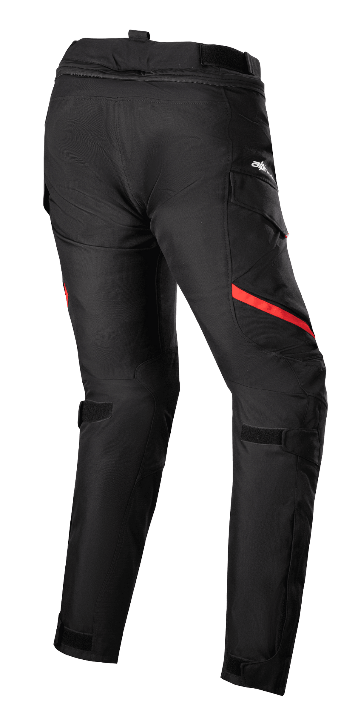 Alpinestars Stella Honda Andes V3 Drystar® Pants Femininas, calças de motociclismo touring, pretas e vermelho brilhante, vista traseira com bolsos cargo, tiras ajustáveis na cintura e nos joelhos, e construção têxtil durável para todas as condições climatéricas