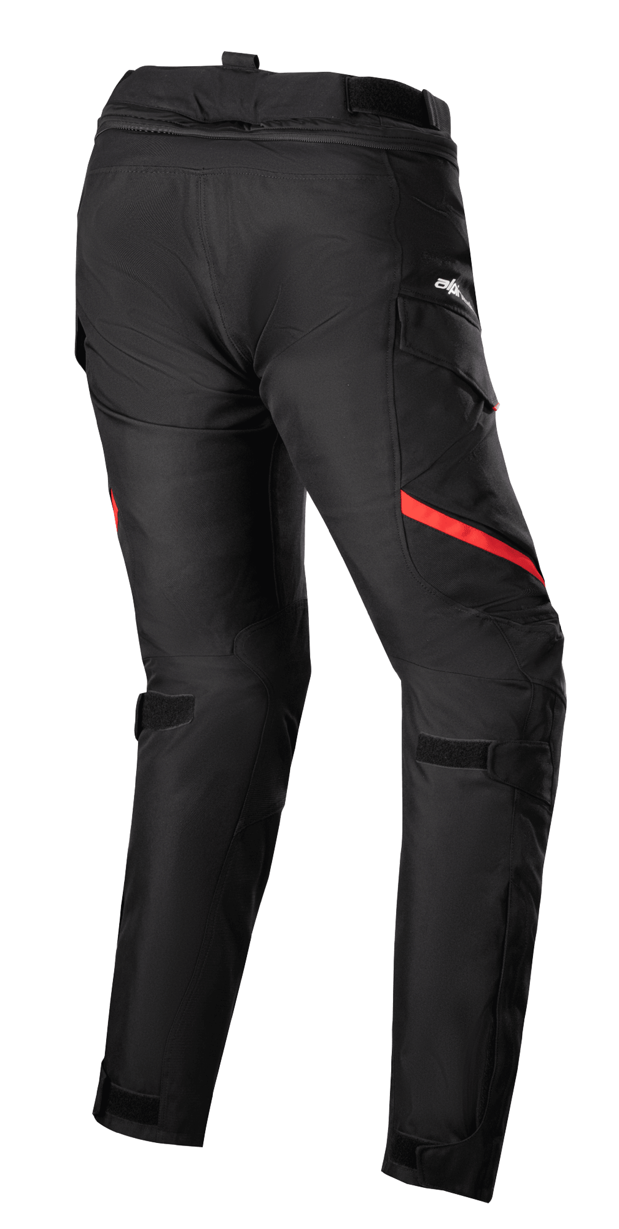 Alpinestars Stella Honda Andes V3 Drystar® Pants Femininas, calças de motociclismo touring, pretas e vermelho brilhante, vista traseira com bolsos cargo, tiras ajustáveis na cintura e nos joelhos, e construção têxtil durável para todas as condições climatéricas