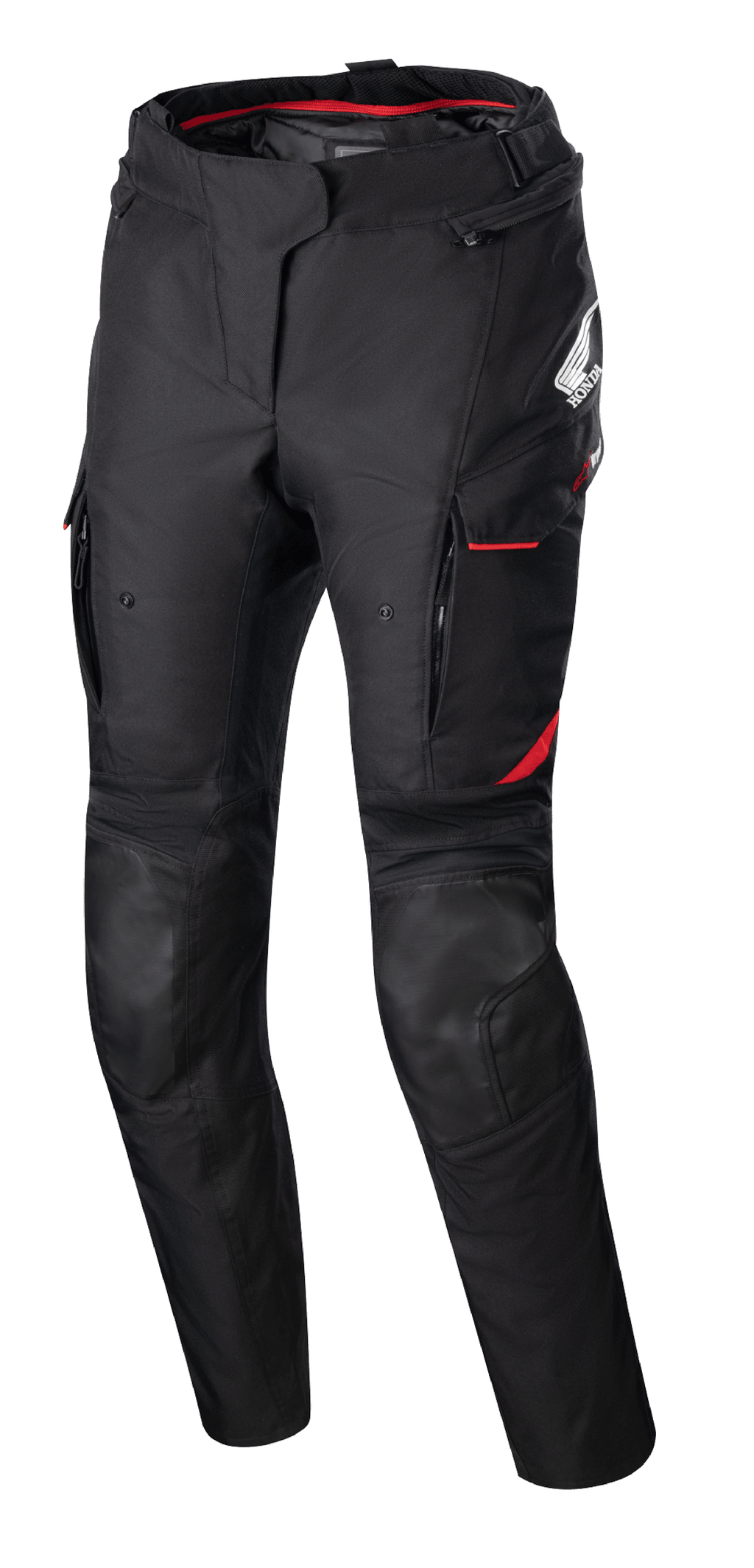 Calças Stella Honda Andes V3 Drystar® para mulher, calças de motociclismo em têxtil, pretas com detalhes em vermelho vivo, logótipos Honda e Alpinestars, bolsos cargo com vivos vermelhos, painéis reforçados nos joelhos, fita de ajuste na cintura e forro interior vermelho na cintura