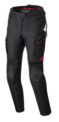 Calças Stella Honda Andes V3 Drystar® para mulher, calças de motociclismo em têxtil, pretas com detalhes em vermelho vivo, logótipos Honda e Alpinestars, bolsos cargo com vivos vermelhos, painéis reforçados nos joelhos, fita de ajuste na cintura e forro interior vermelho na cintura