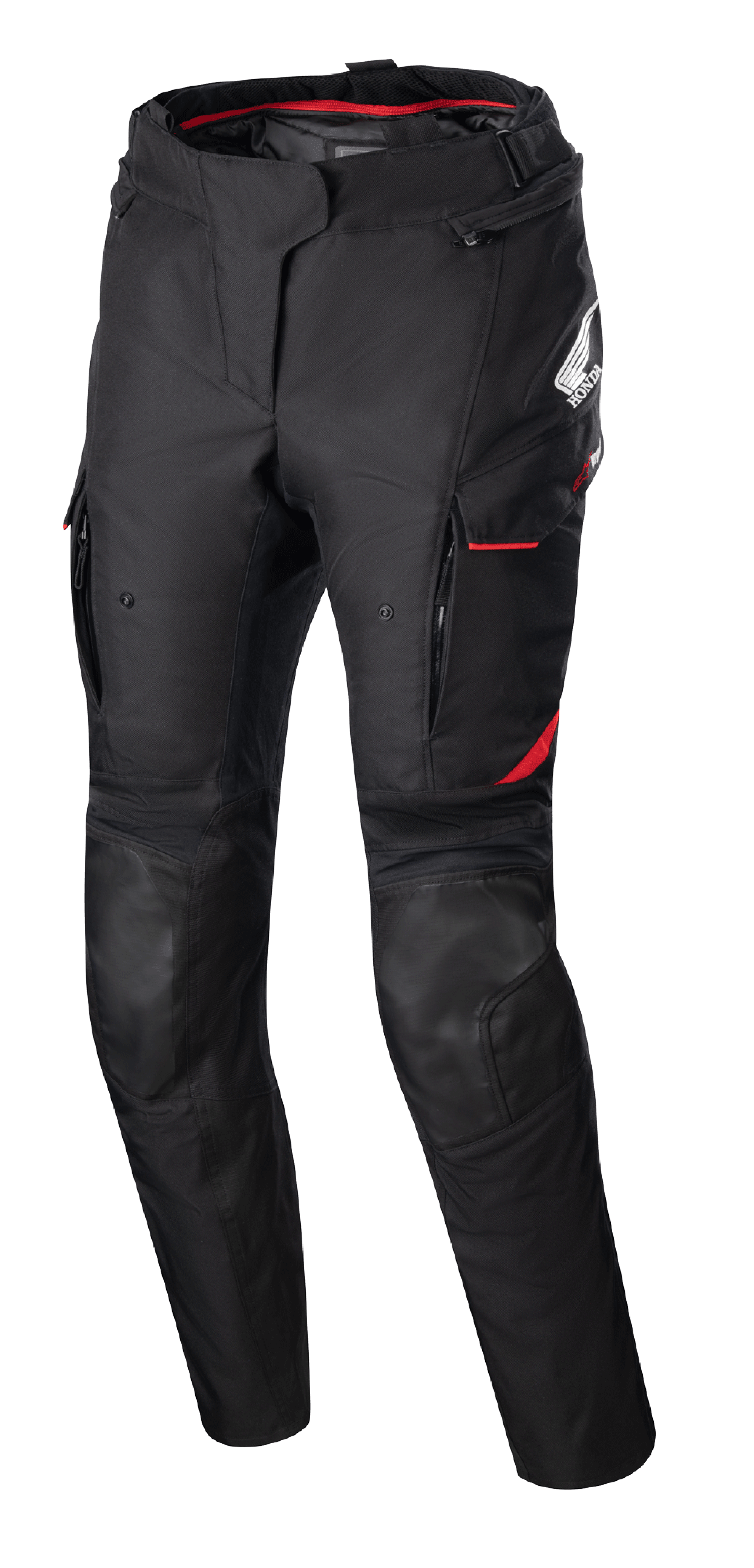 Calças Stella Honda Andes V3 Drystar® para mulher, calças de motociclismo em têxtil, pretas com detalhes em vermelho vivo, logótipos Honda e Alpinestars, bolsos cargo com vivos vermelhos, painéis reforçados nos joelhos, fita de ajuste na cintura e forro interior vermelho na cintura