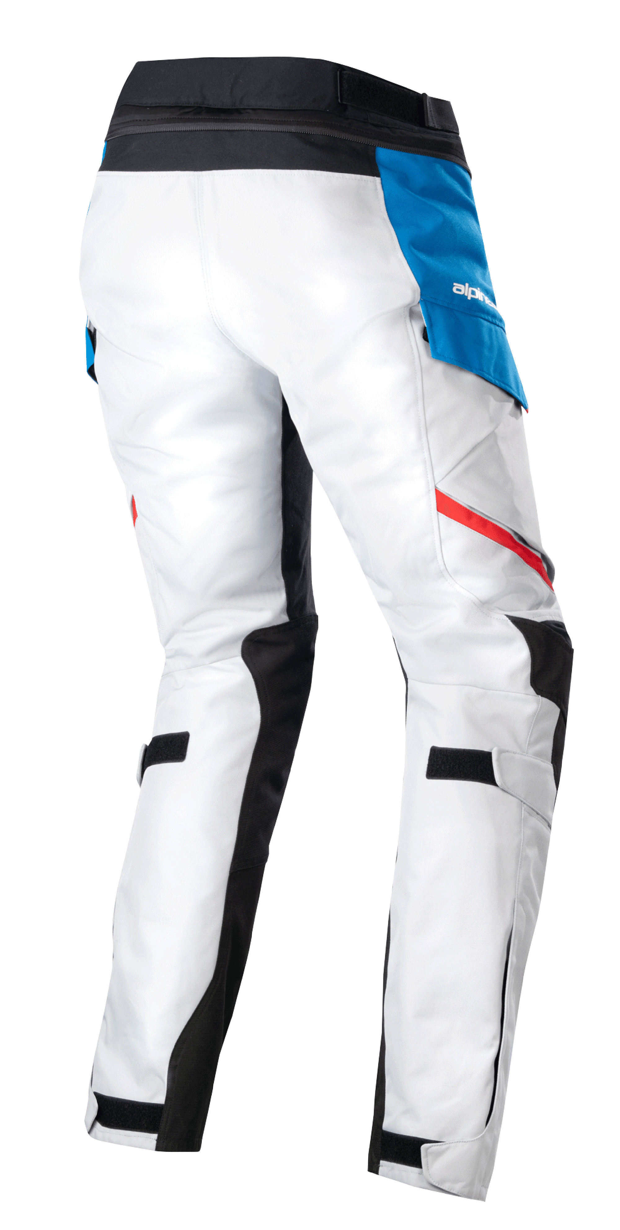 Alpinestars Stella Honda Andes V3 Drystar® Pants, calças de motociclismo femininas para turismo de aventura, cinza gelo, azul e vermelho vivo, vista traseira com construção têxtil em cinza gelo, bolso lateral azul com logótipo branco, cintura preta e riscas de destaque vermelhas