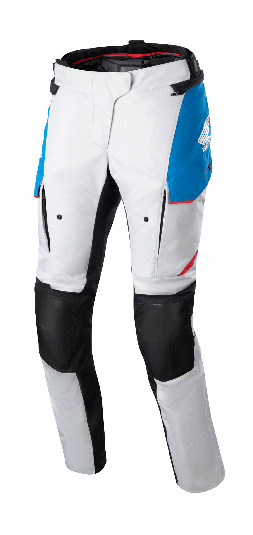 Alpinestars Stella Honda Andes V3 Drystar Pants para Mulher, calças de motociclismo touring, cinza gelo com detalhes em azul e vermelho vivo, painéis pretos reforçados nos joelhos, com bolsos cargo e logótipo Honda, design impermeável para condução de aventura