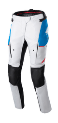 Alpinestars Stella Honda Andes V3 Drystar Pants para Mulher, calças de motociclismo touring, cinza gelo com detalhes em azul e vermelho vivo, painéis pretos reforçados nos joelhos, com bolsos cargo e logótipo Honda, design impermeável para condução de aventura