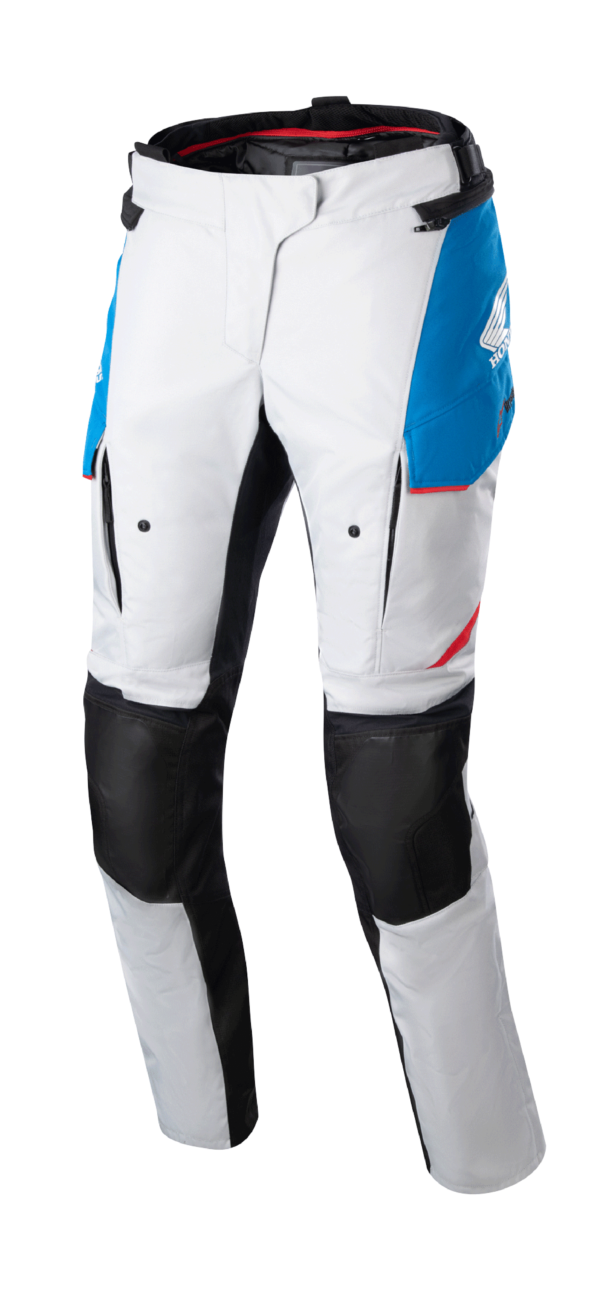 Alpinestars Stella Honda Andes V3 Drystar Pants para Mulher, calças de motociclismo touring, cinza gelo com detalhes em azul e vermelho vivo, painéis pretos reforçados nos joelhos, com bolsos cargo e logótipo Honda, design impermeável para condução de aventura