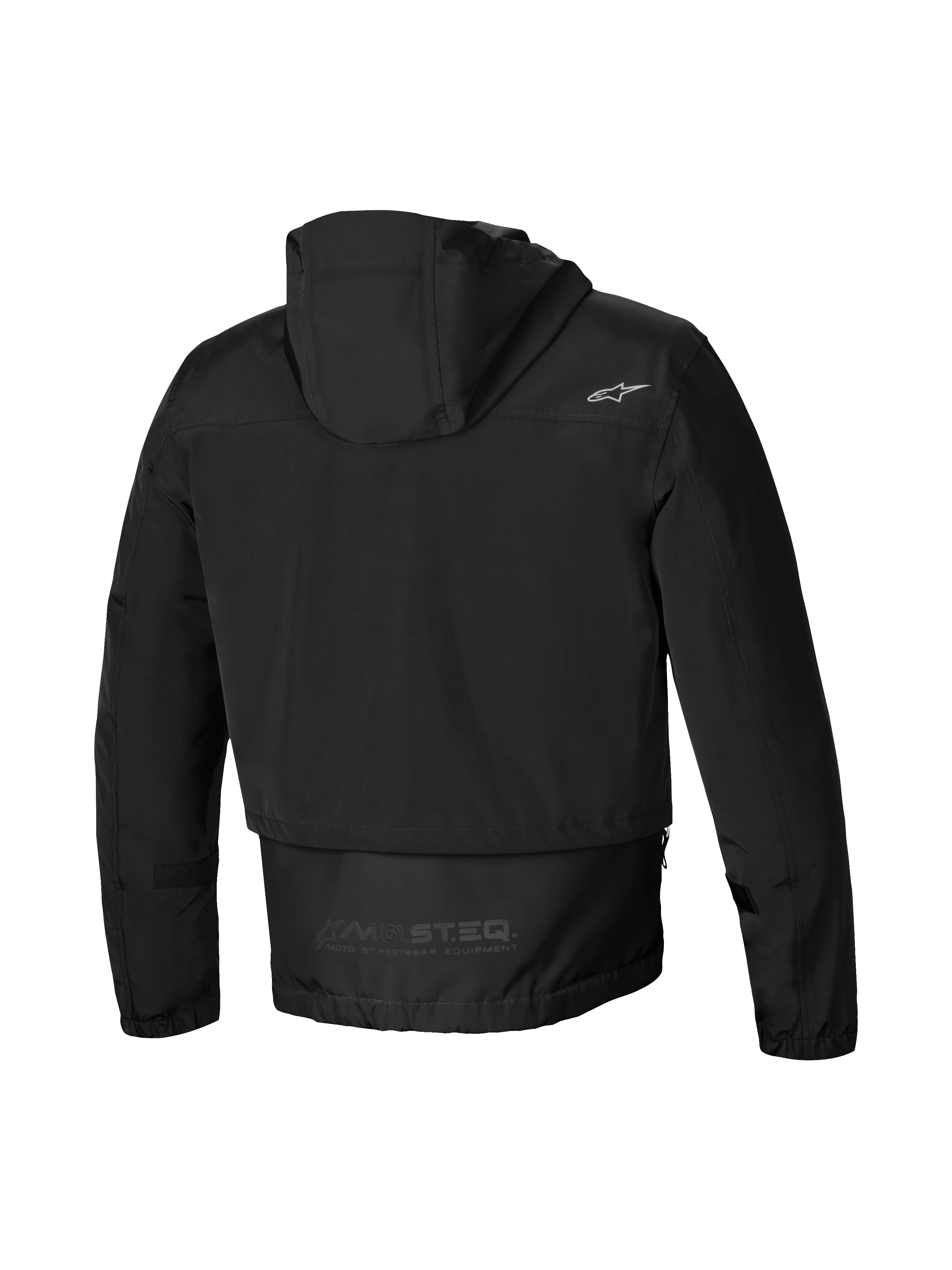 Alpinestars Casaco Impermeável Mootant, casaco de moto para homem preto, vista traseira com capuz, cobertura traseira alongada e logótipo refletor MO.ST.EQ.
