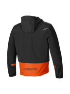 Alpinestars Mootant Waterproof Parka, men's urban motorcycle jacket, rear view showcasing attached hood and MO.ST.EQ. reflective wordmark on orange and black colorway