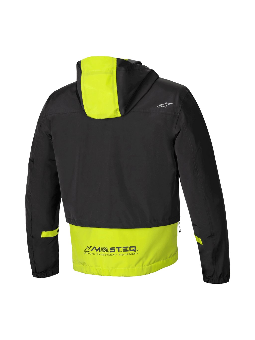 Alpinestars Mootant Waterproof Parka, casaco impermeável de moto, vista traseira mostrando o capuz e a marca MO.ST.EQ., preto e verde lima, certificado CE