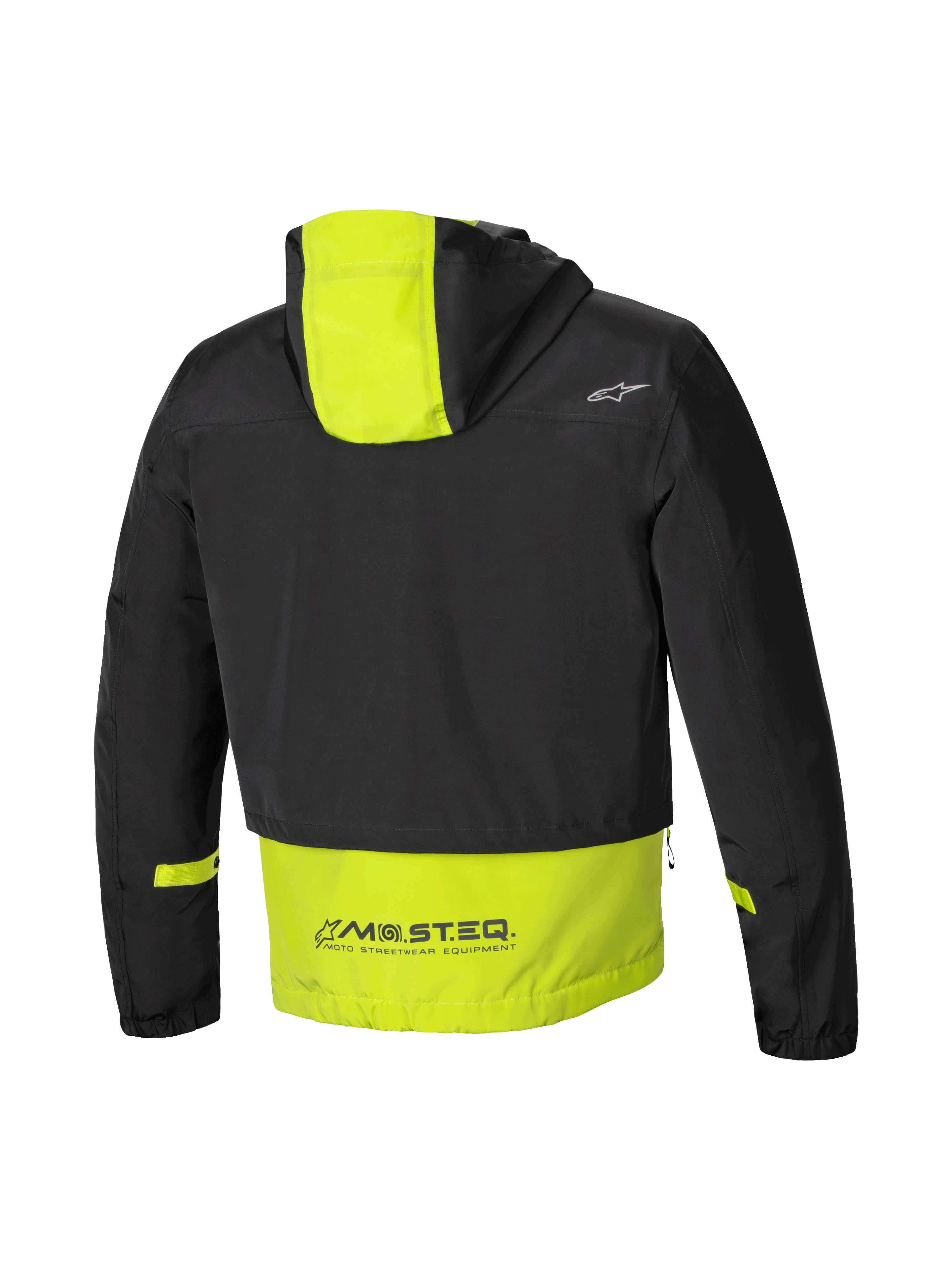 Alpinestars Mootant Waterproof Parka, casaco impermeável de moto, vista traseira mostrando o capuz e a marca MO.ST.EQ., preto e verde lima, certificado CE