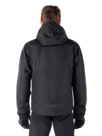 Alpinestars Morush Waterproof Parka, Black, rear view showing the hood and MO.ST.EQ. reflective logo on the lower back, minimalist urban motorcycle jacket with a streetwear-inspired design, textile riding gear for men.